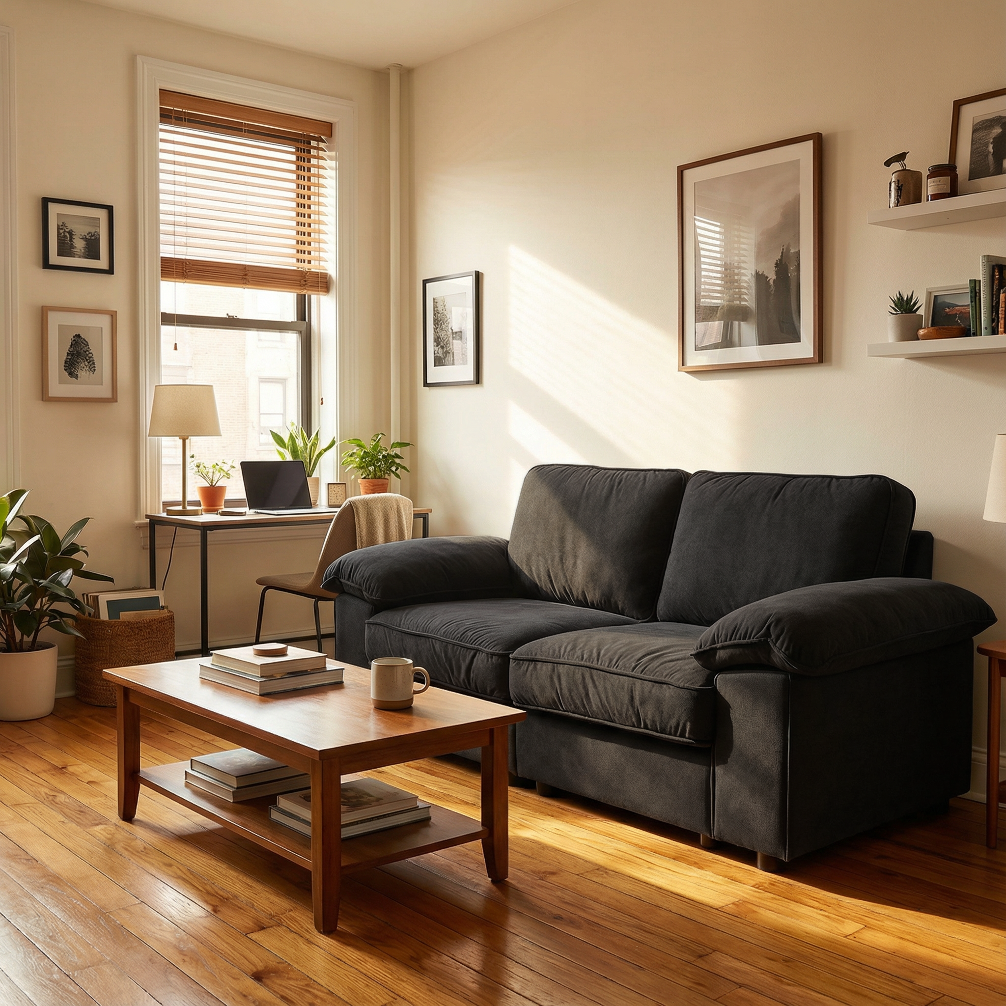 Compact Black Velvet 2-Seater Sofa with Hidden Storage