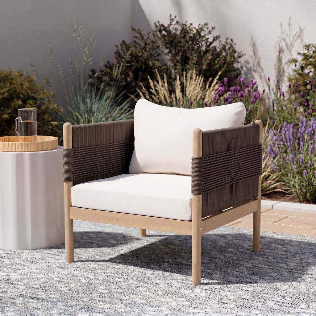 Outdoor Acacia Wood Club Chair with Diamond Rope Weave & Cushions