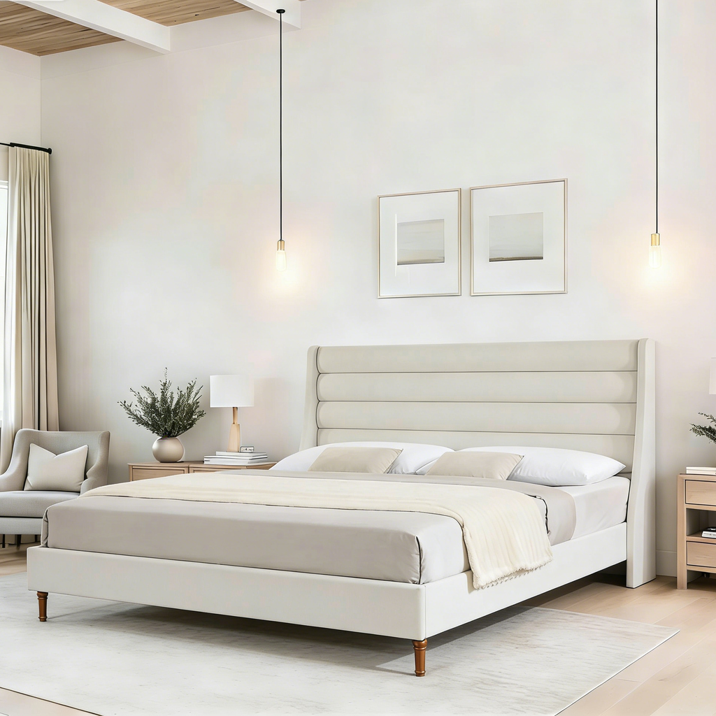 King Size Bed Frame with High Wave-Shaped Headboard
