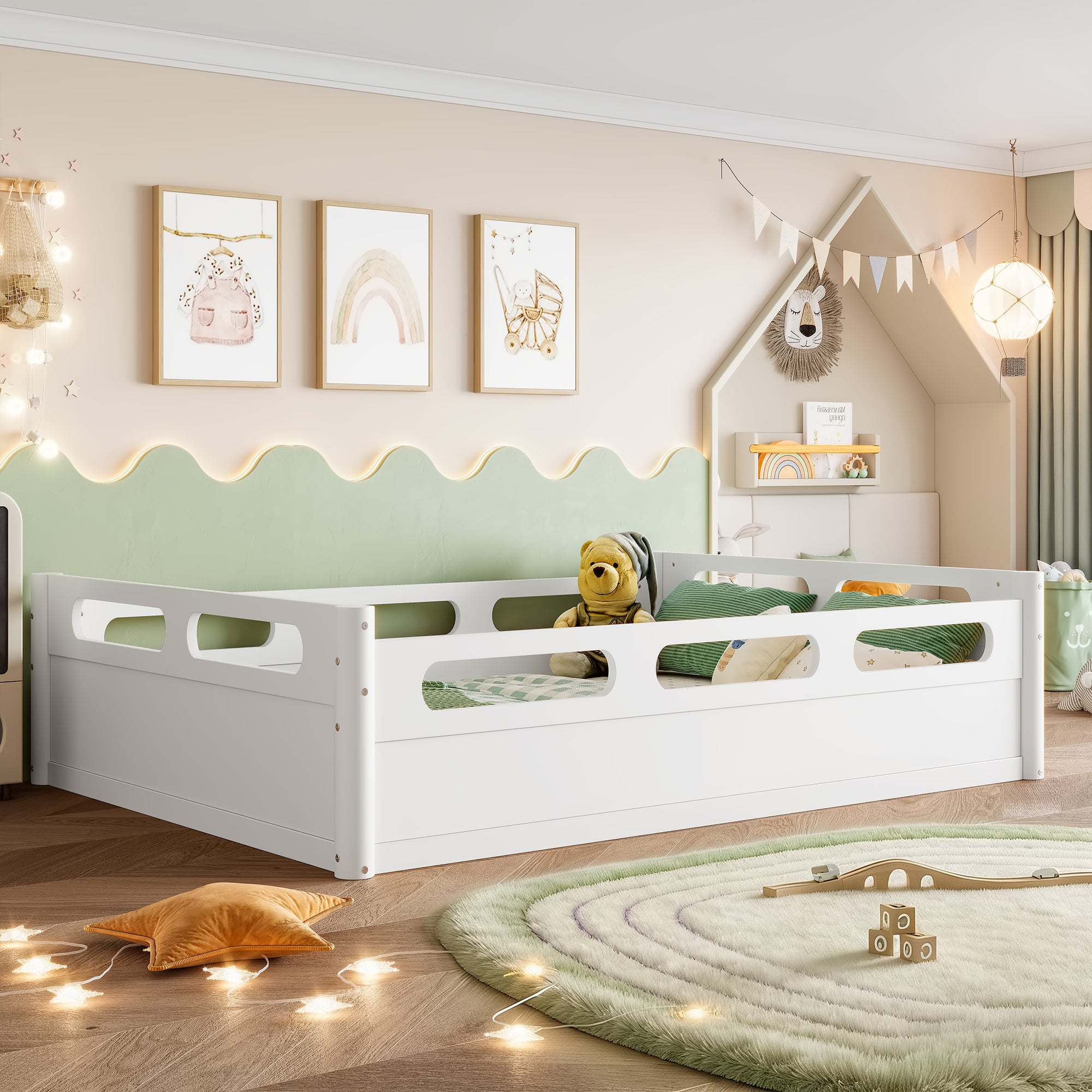 Full Size Platform Bed with Full-length Guardrails
