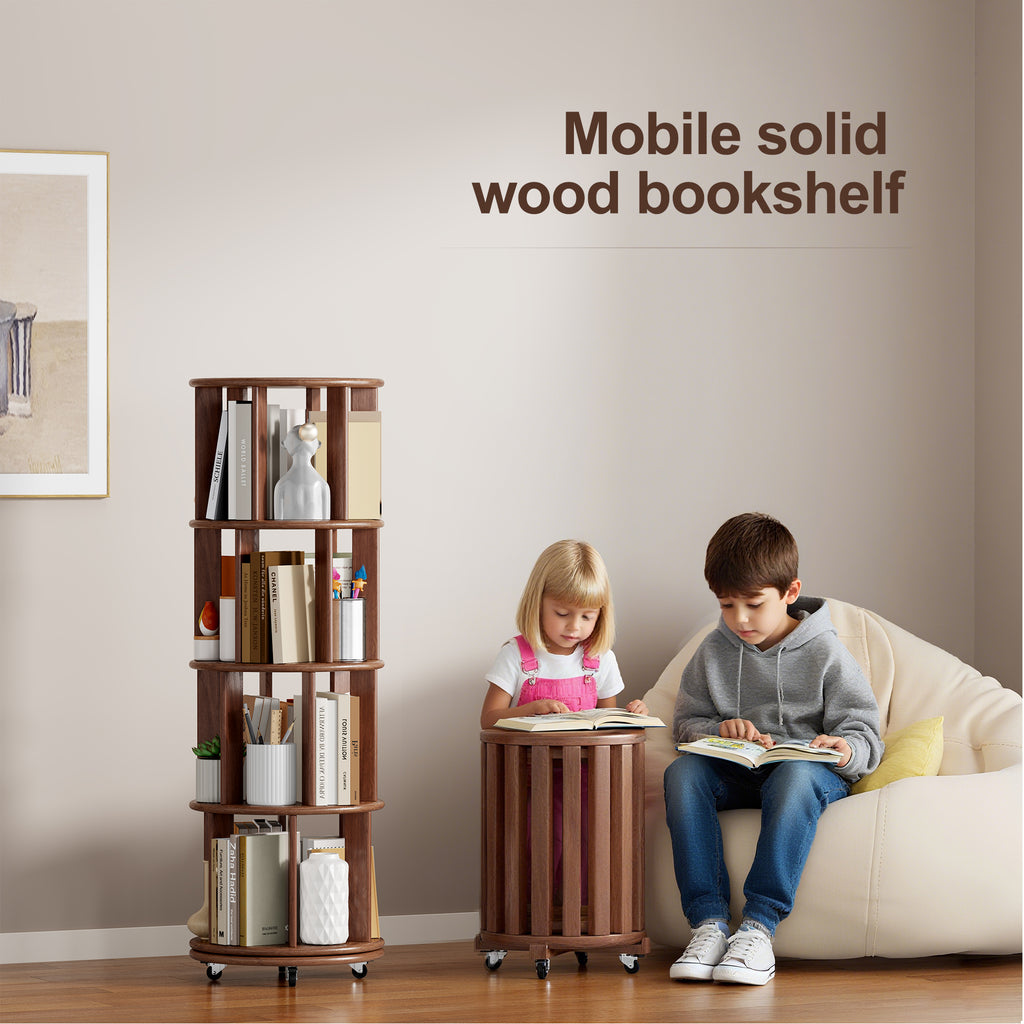 Solid Wood Rotating Bookshelf on Wheels - 4 Tier