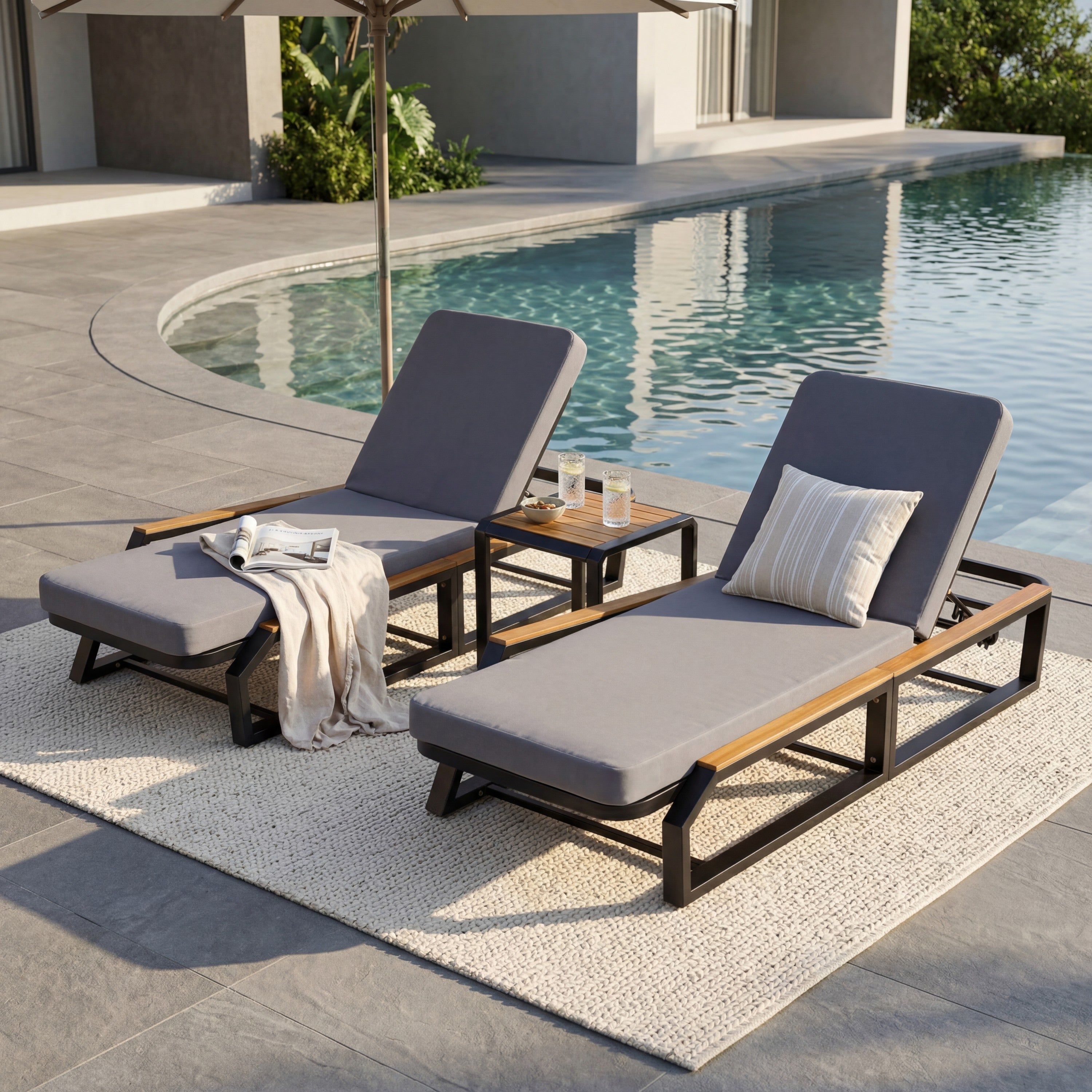 5-Piece Outdoor Chaise Lounge Set, 2 Adjustable Recliners with Side Table
