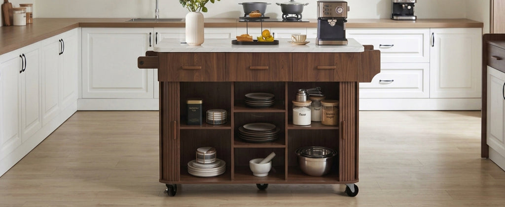 K&K 53.6" Kitchen Island with Drop Leaf, Rolling Cart on Wheels, Walnut Brown