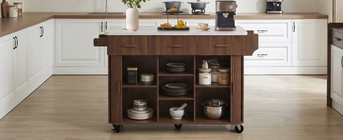 K&K 53.6" Kitchen Island with Drop Leaf, Rolling Cart on Wheels, Walnut Brown