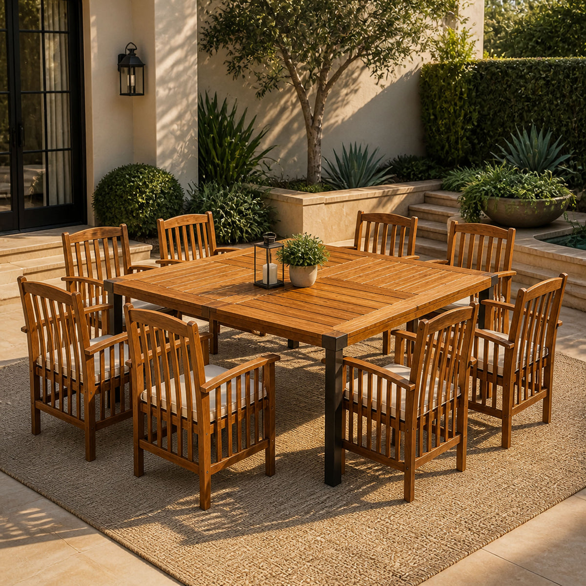 9-Piece Acacia Wood Outdoor Patio Dining Set, 64-Inch Square Table with 8 Chairs, Teak
