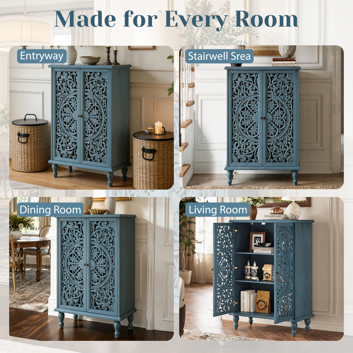 Farmhouse Accent Storage Cabinet, 2-Door Hollow Carved, Antique Blue