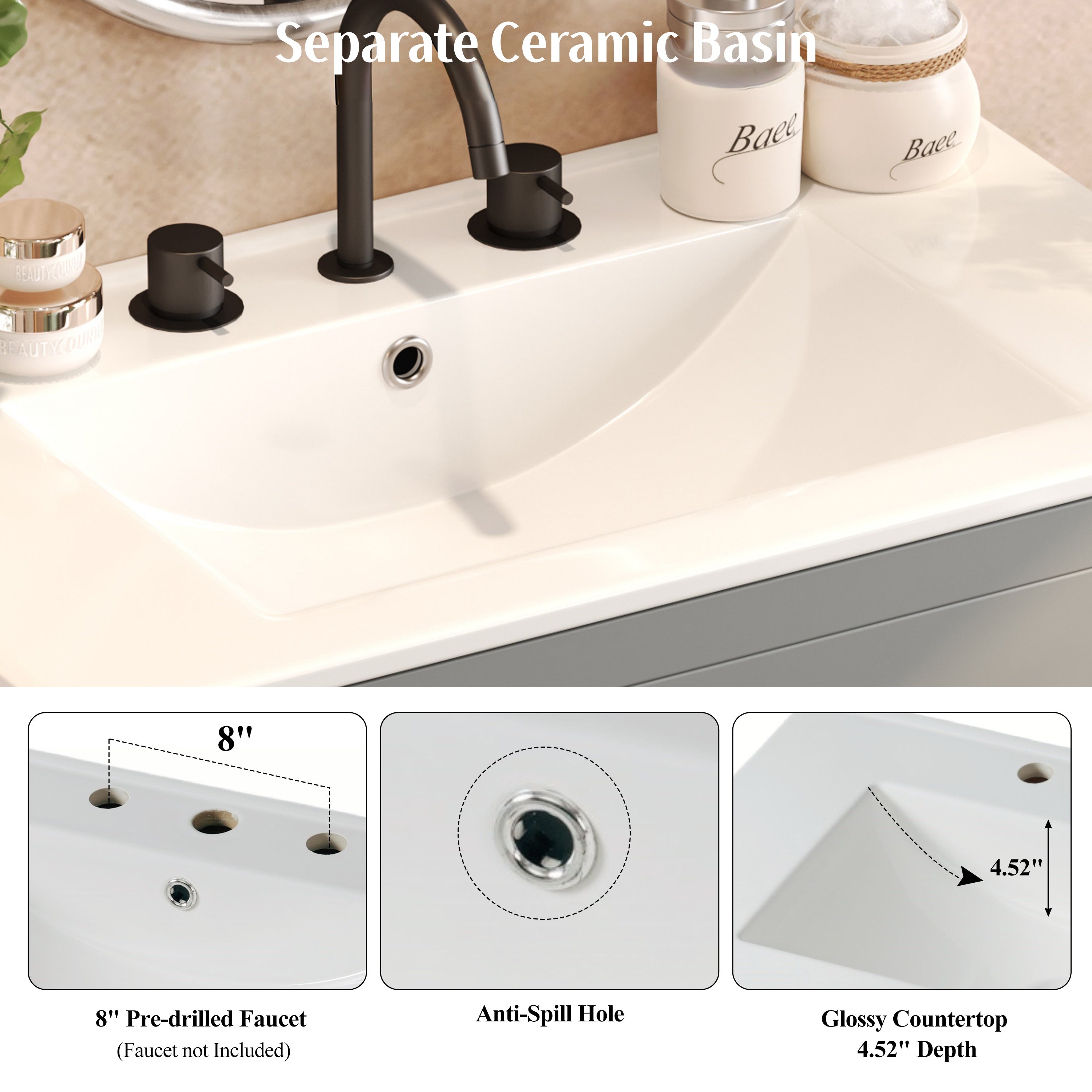 30" Bathroom Vanity with Ceramic Sink and 2 Full-Extension Drawers