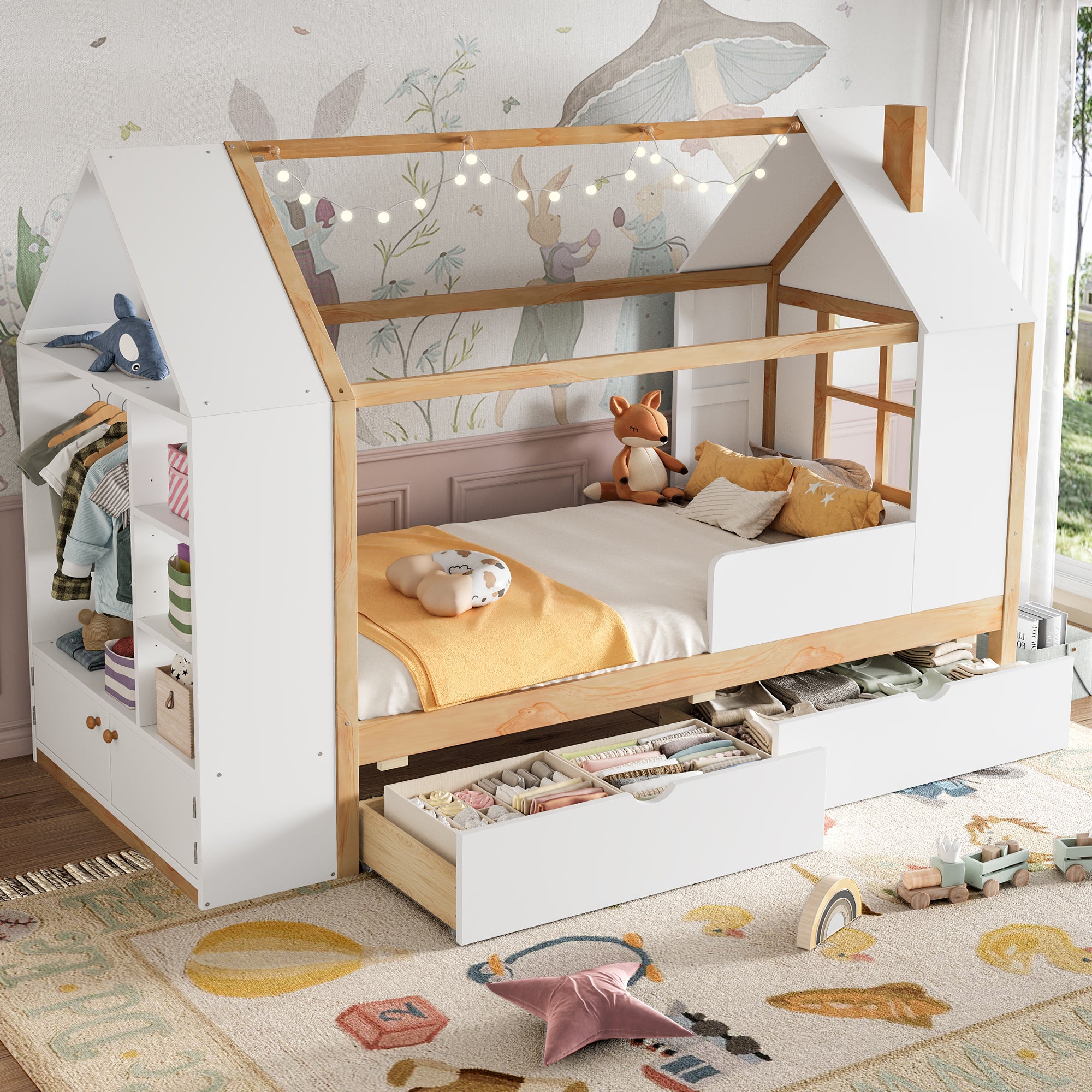 Twin Size House Platform Bed with Drawers and Shelves