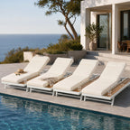 White Iron + Teak Finish Outdoor Chaise Lounge Set