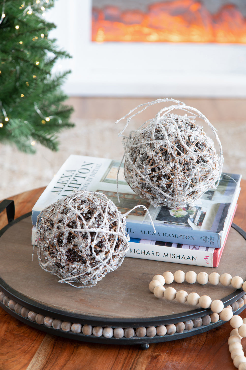 D6" Iced Twig Ball Christmas Tree Ornaments, Set of 4