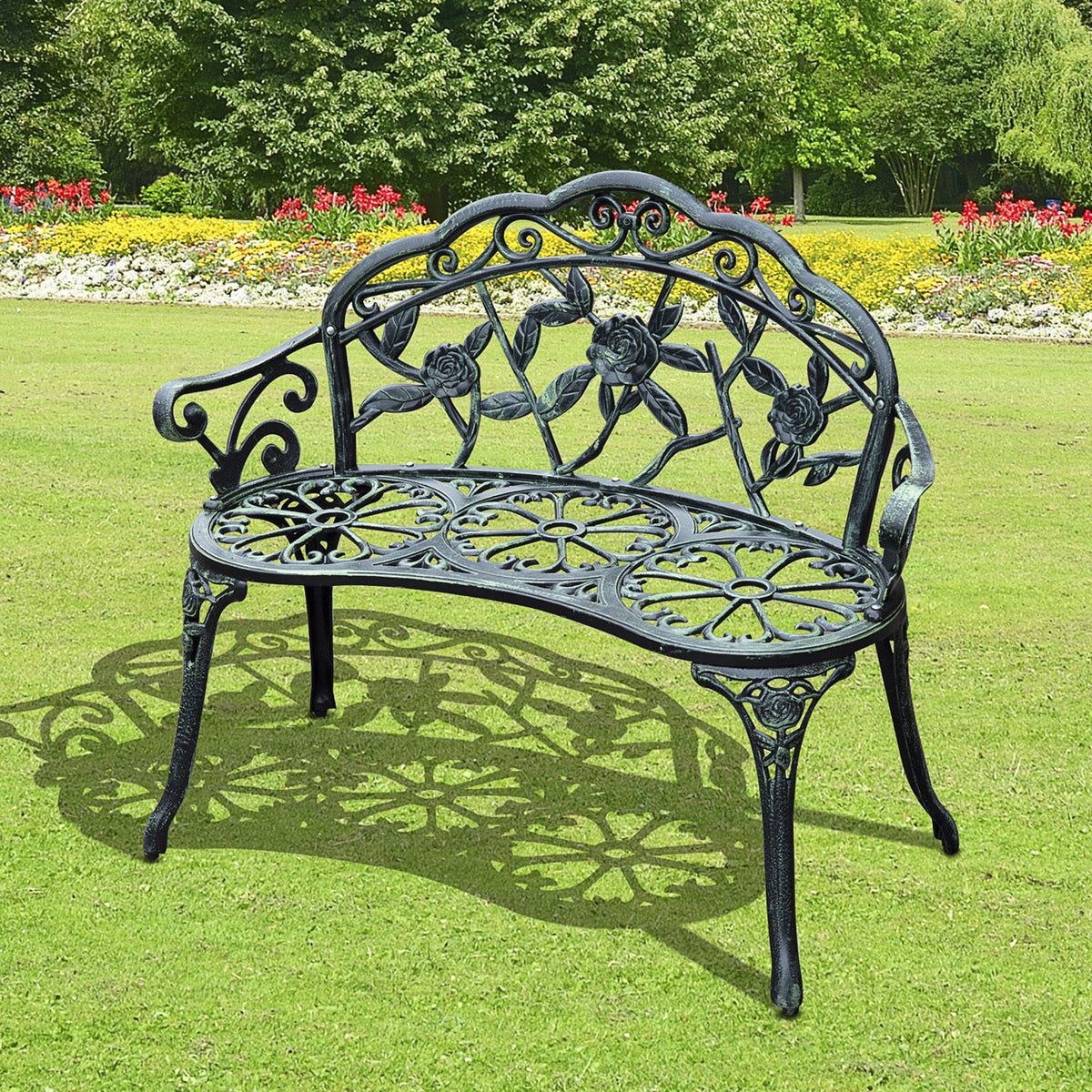 Outsunny Cast Aluminum Outdoor Bench, Green Antique Finish