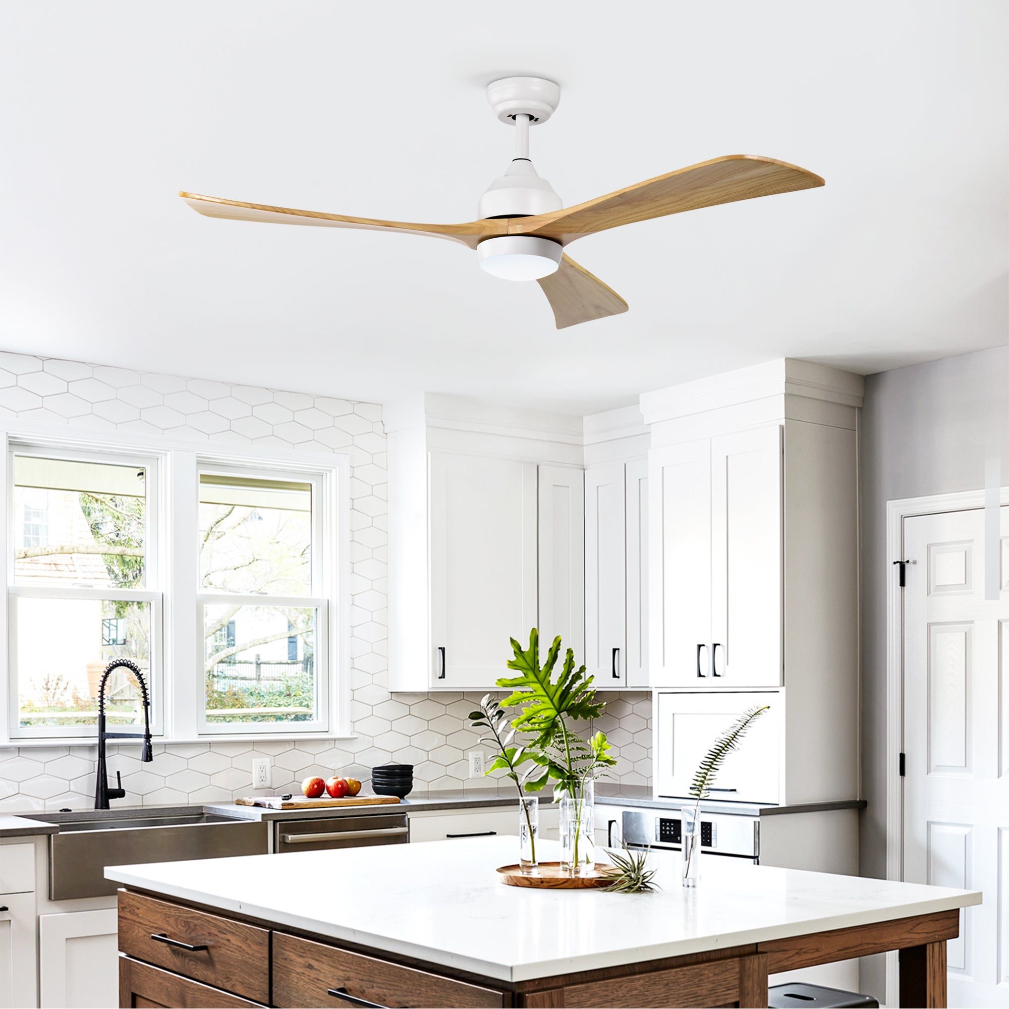52" Solid Wood Blades Ceiling Fan with Lights Remote Control