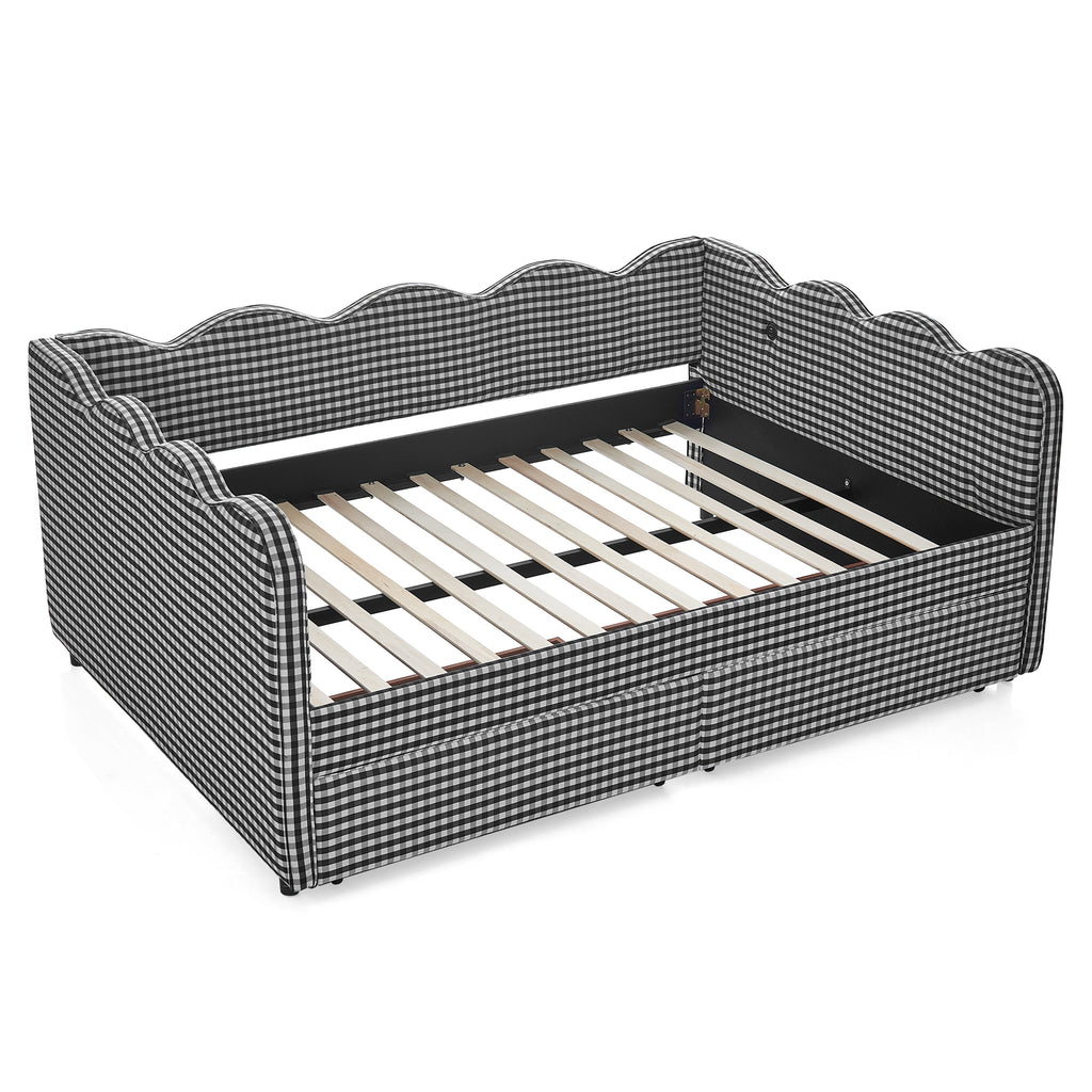 Full Size Cozy Gingham Daybed with Two Storage Drawers