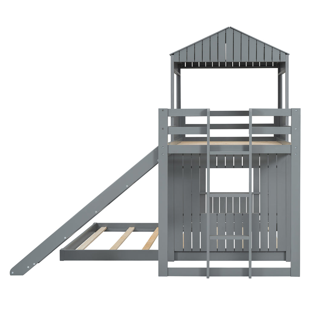 Wooden Twin Over Full Bunk Bed, Loft Bed with Playhouse
