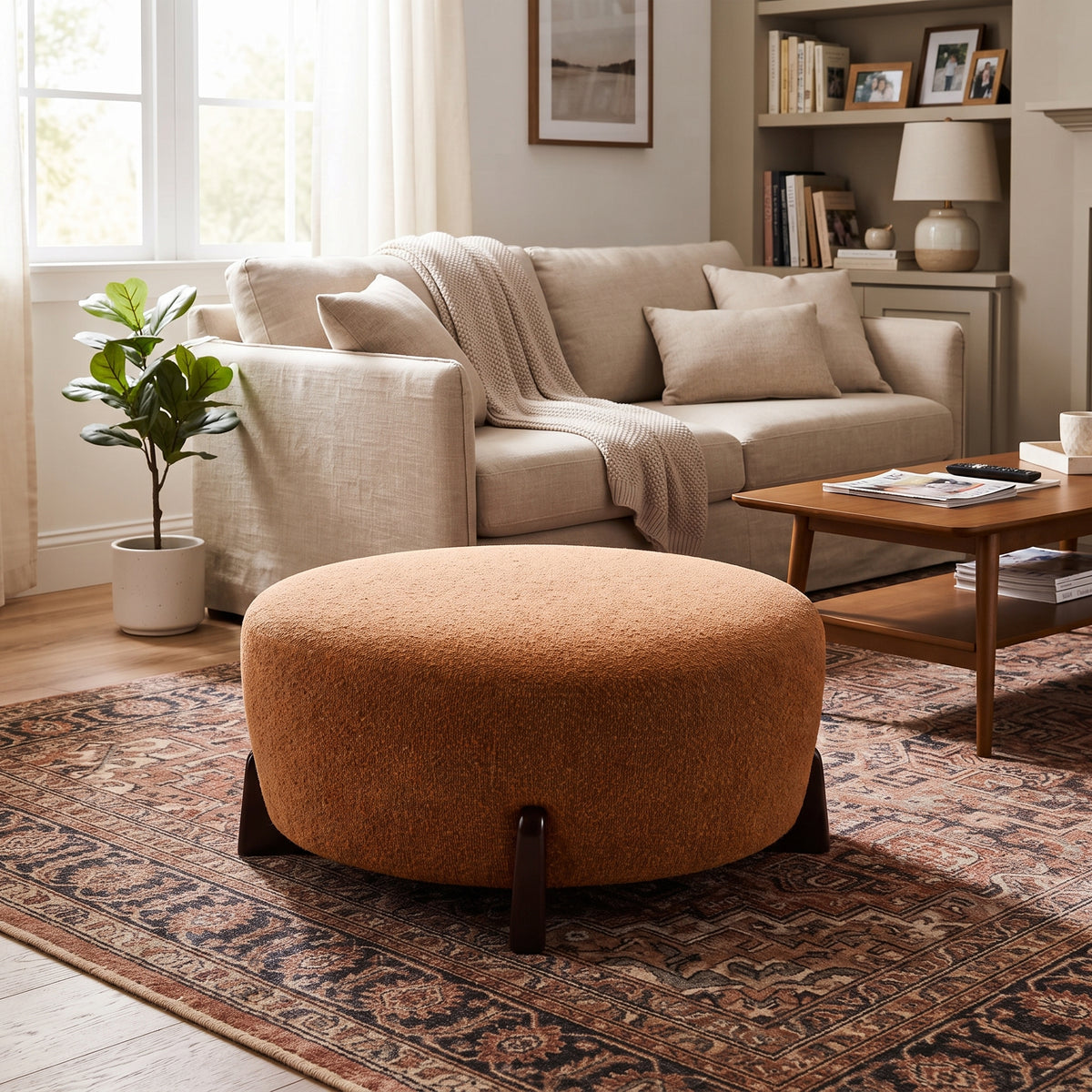 Modish Round Ottoman: Boucle Top with Splayed Rubber Wood Legs, Pumpkin