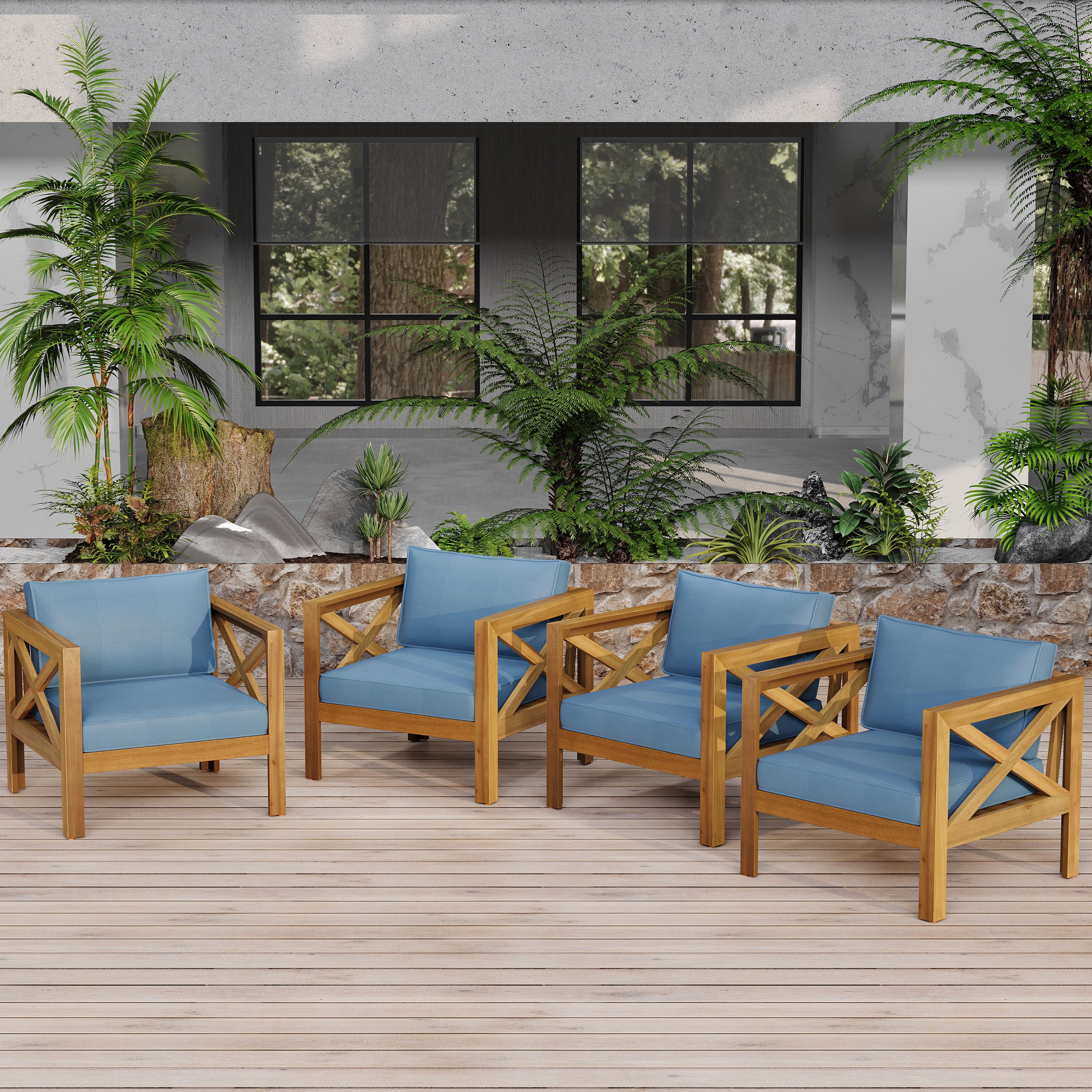 Outdoor Acacia Wood Club Wooden Armchair with Cushions (Set of 2)