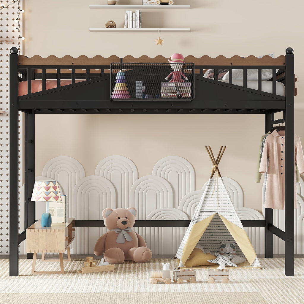 Twin XL Size Loft Bed with Ladders, Storage Shelves, and Bookshelf