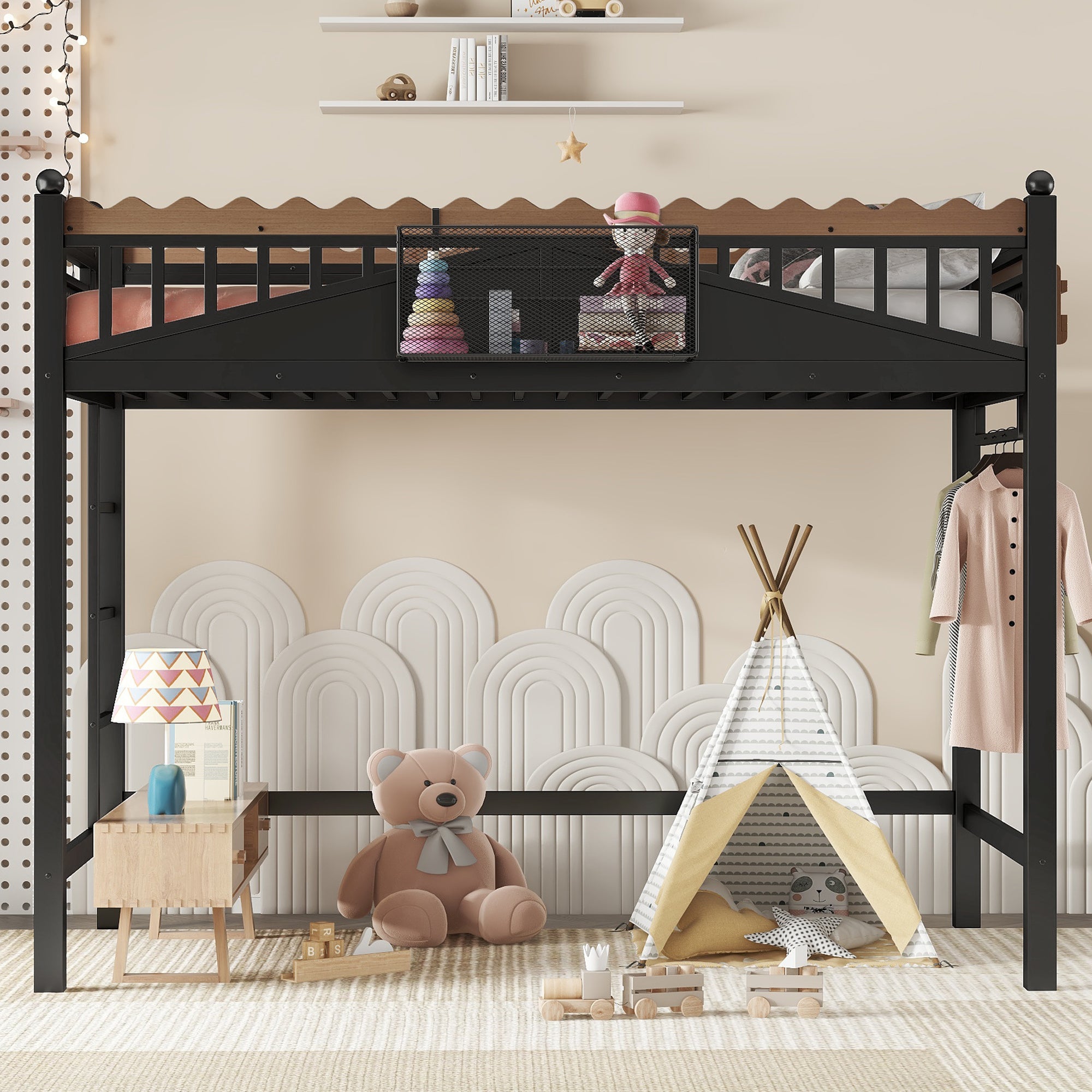 Twin XL Size Loft Bed with Ladders, Storage Shelves, and Bookshelf