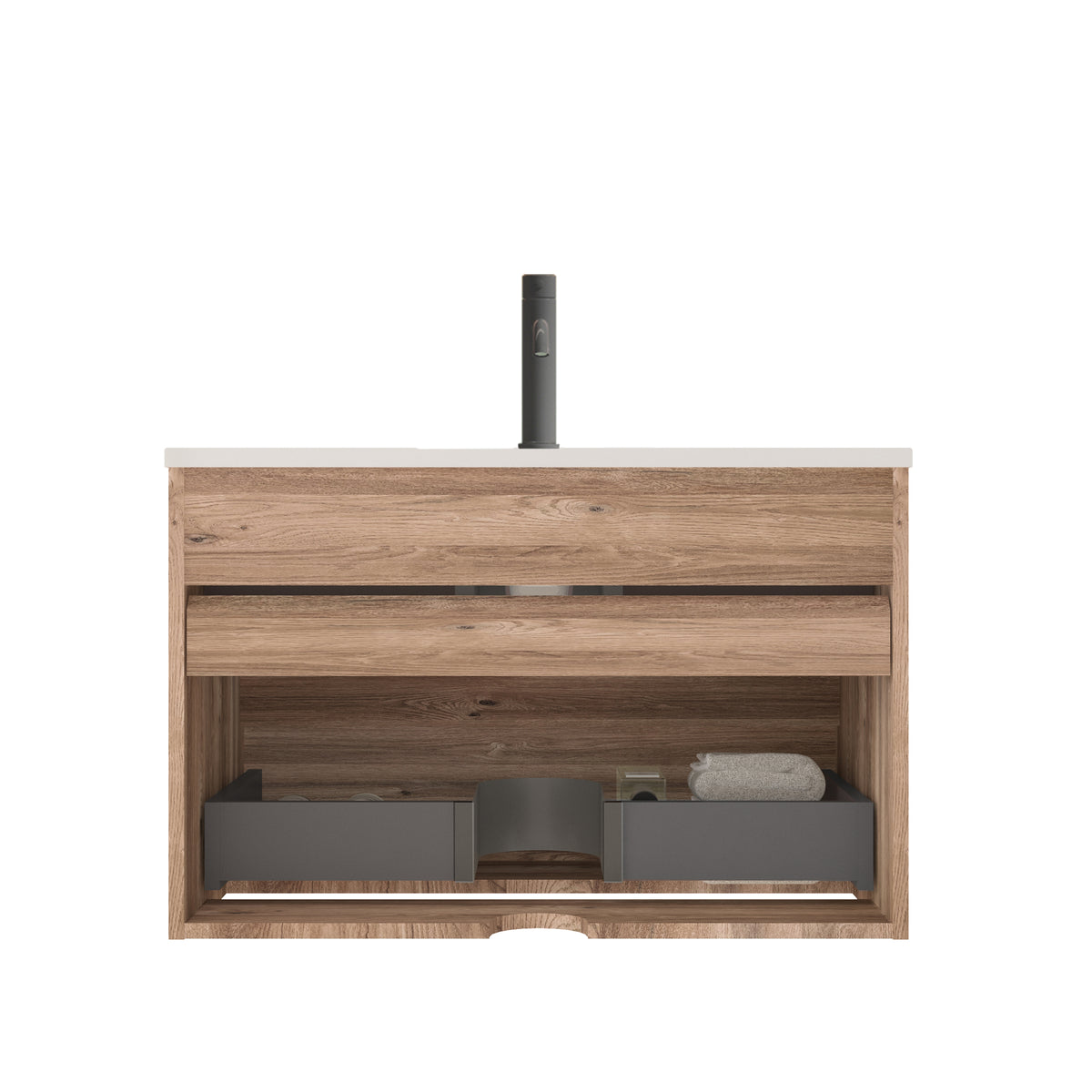 Gloria 30" Wall-Mounted Bathroom Vanity, Rough Oak with Integrated Ceramic Sink