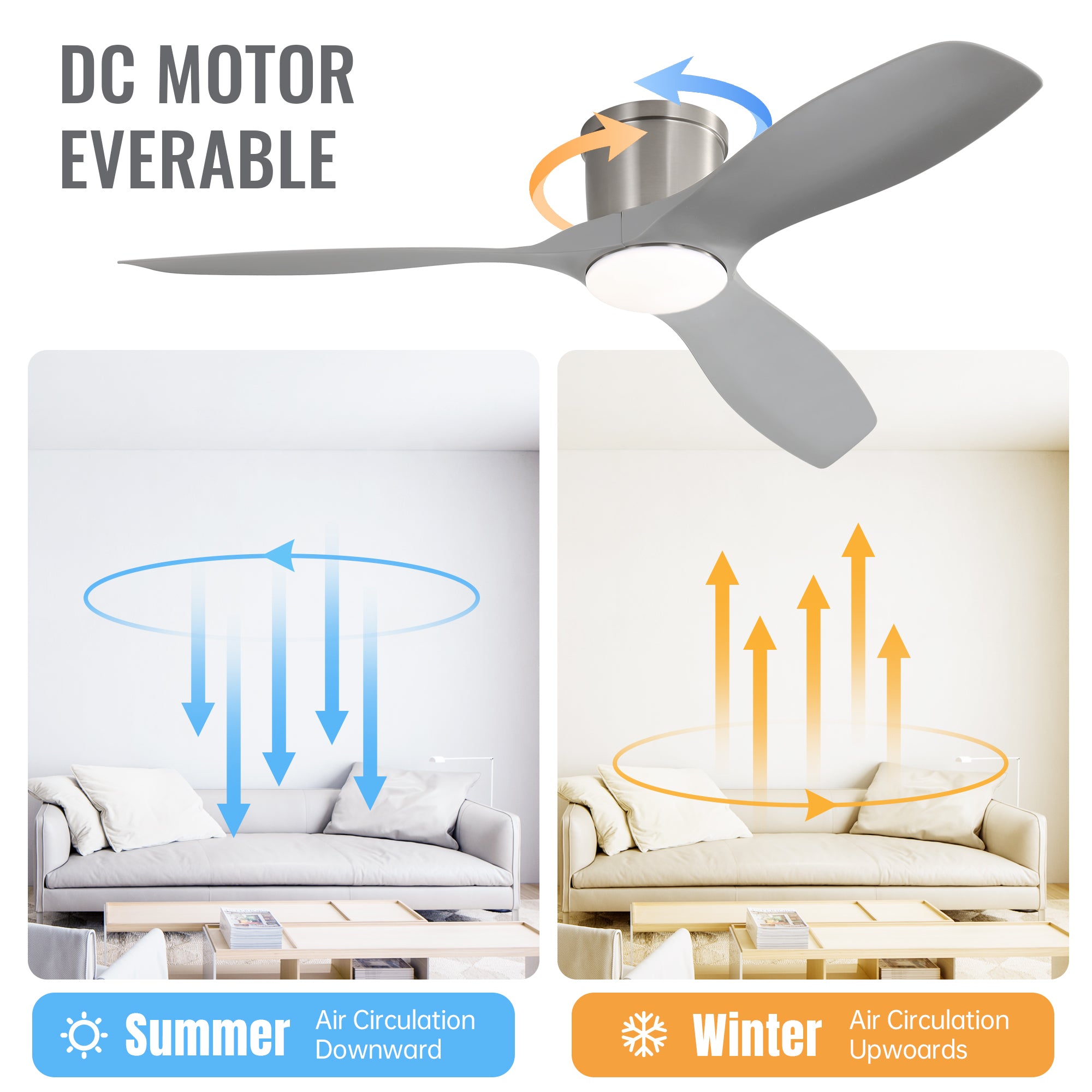 52 Inch Flush Mount Ceiling Fan with Dimmable LED Light