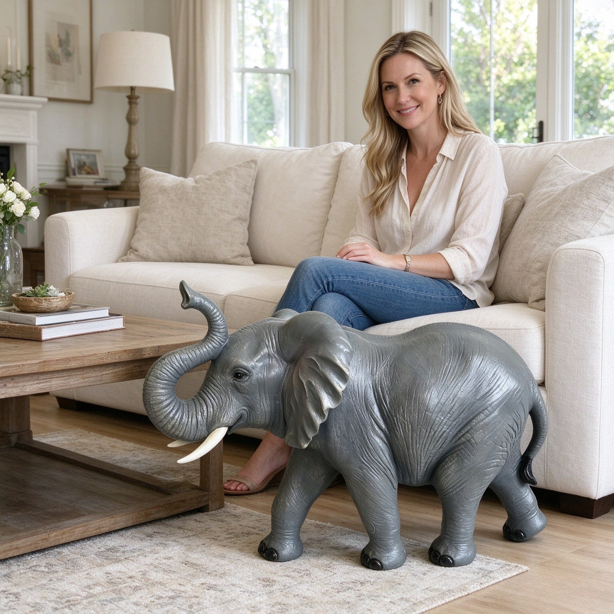 20-Inch Tall Resin Elephant Statue with Raised Trunk, Grey