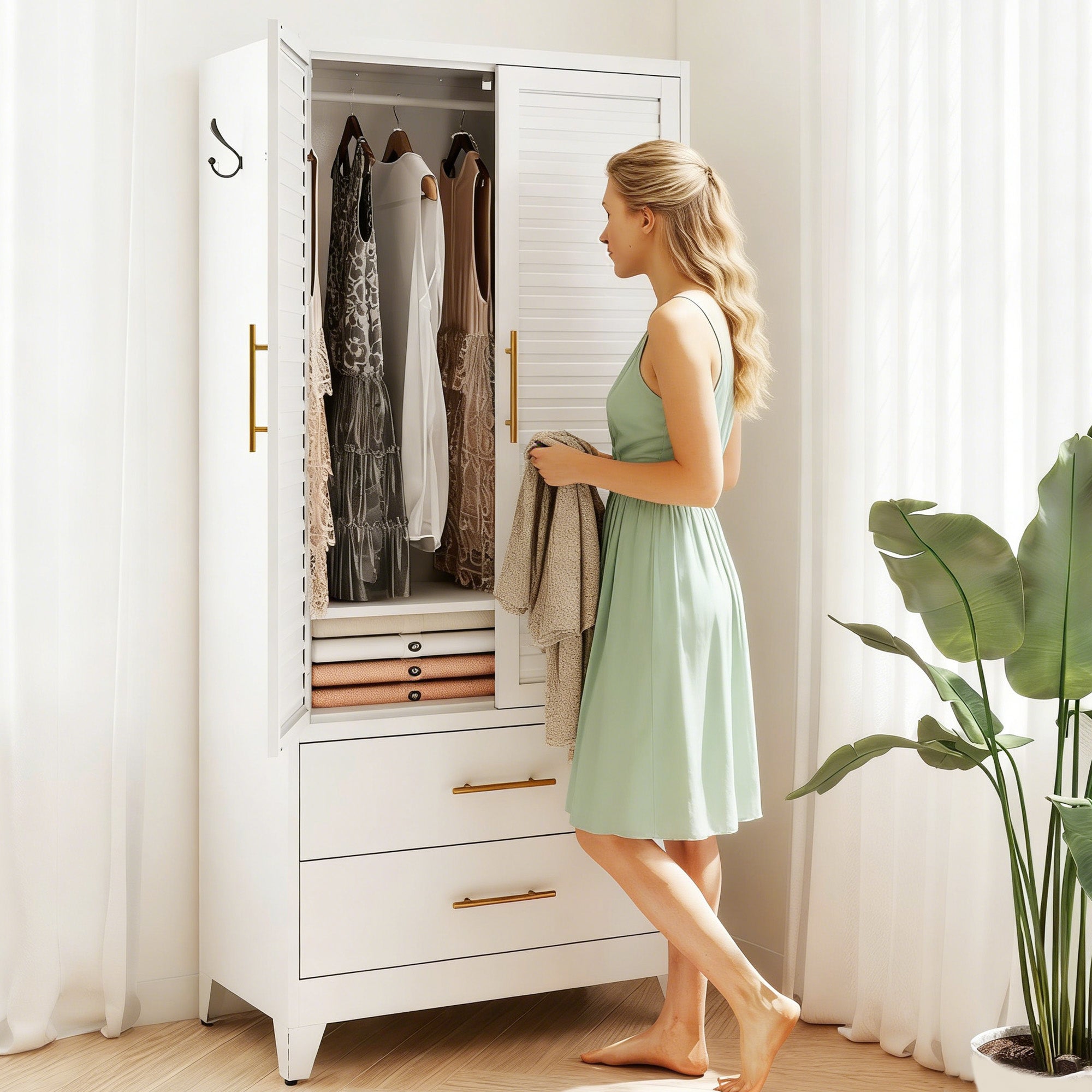White Metal Wardrobe Closet with 2 Doors and Drawers