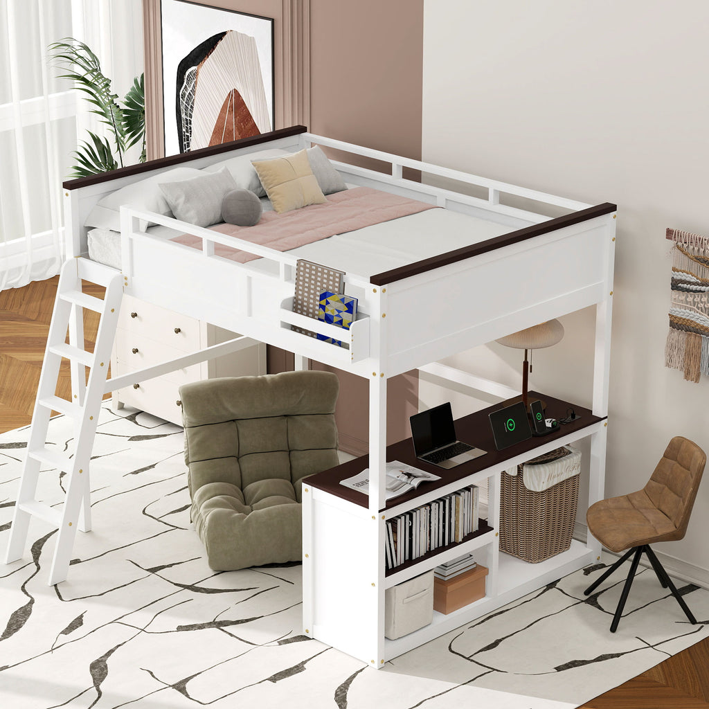 Queen Size Loft Bed With Desk, Open Shelf And Storage Box