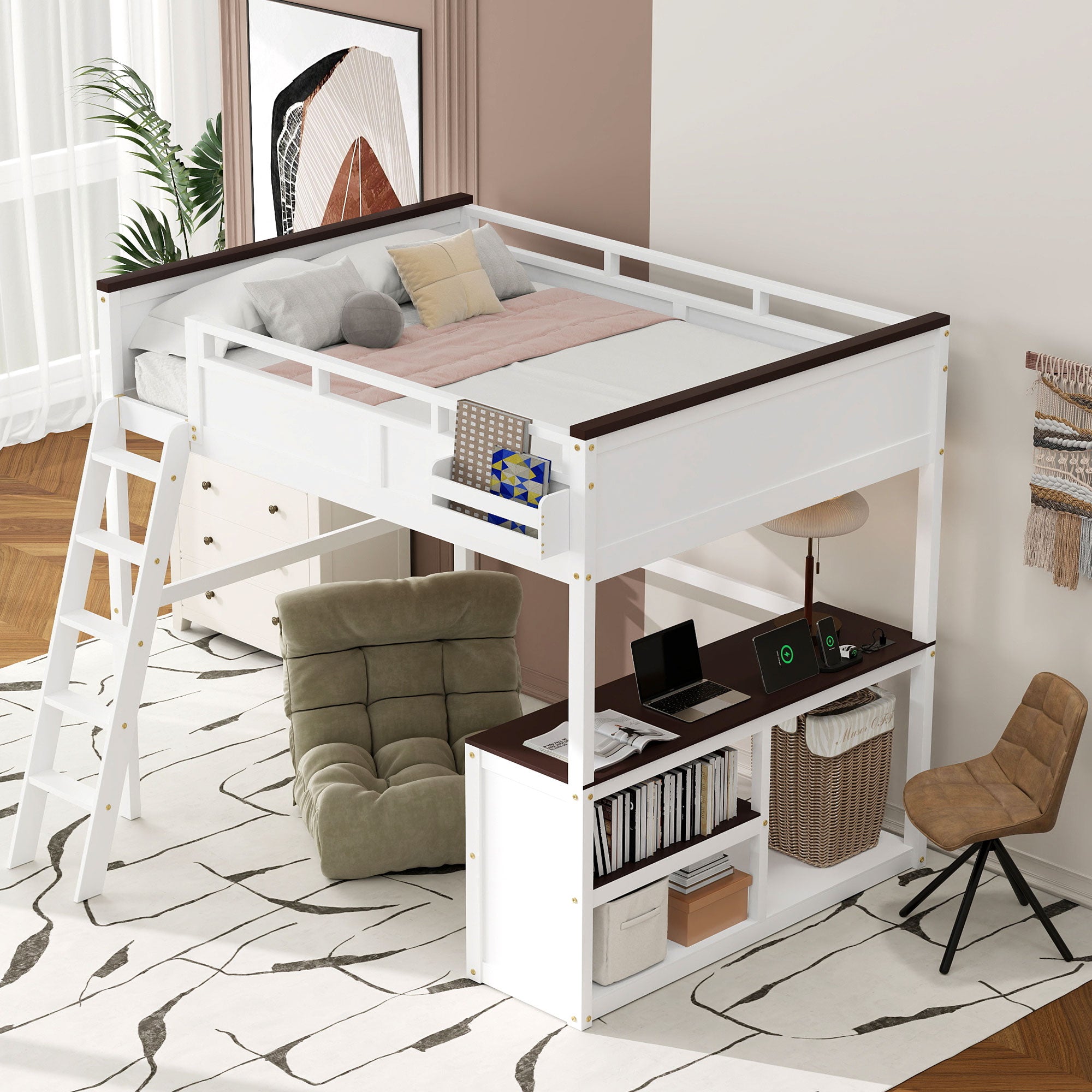 Queen Size Loft Bed With Desk, Open Shelf And Storage Box