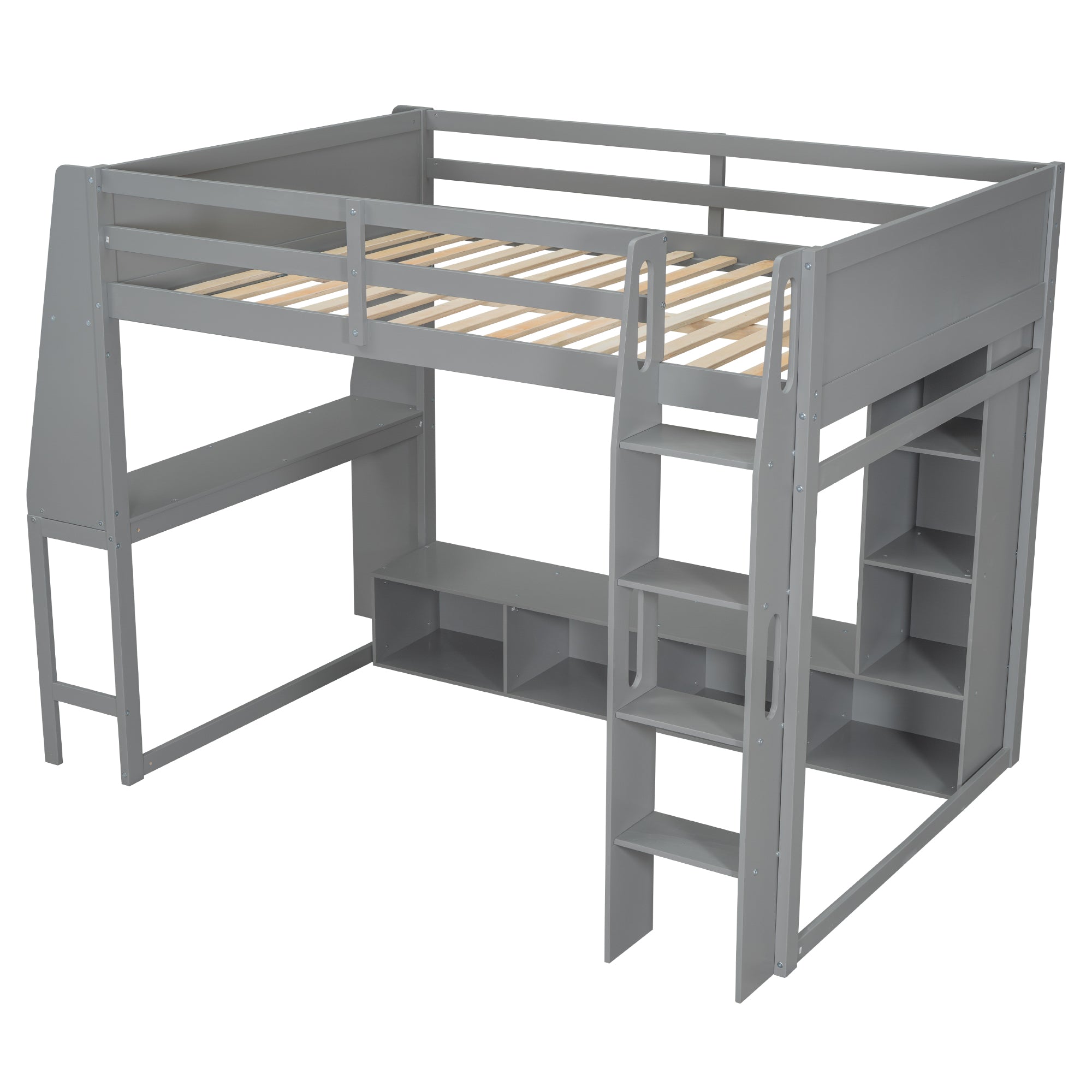 Wood Full Size Gaming Loft Bed with Desk and Multi-Storage Shelves