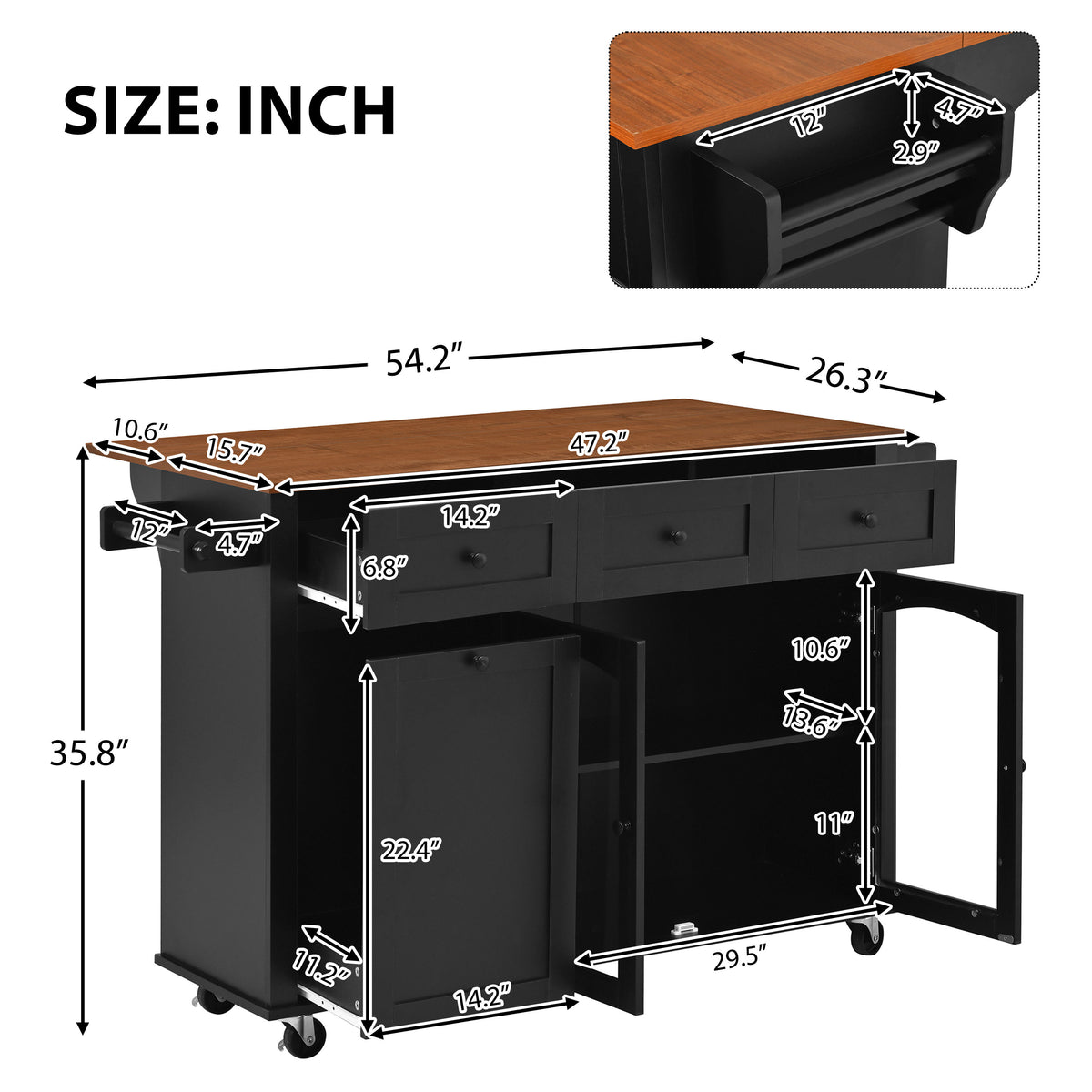 54.2" Mobile Kitchen Island with Glass Door Storage & Trash Bin Cabinet