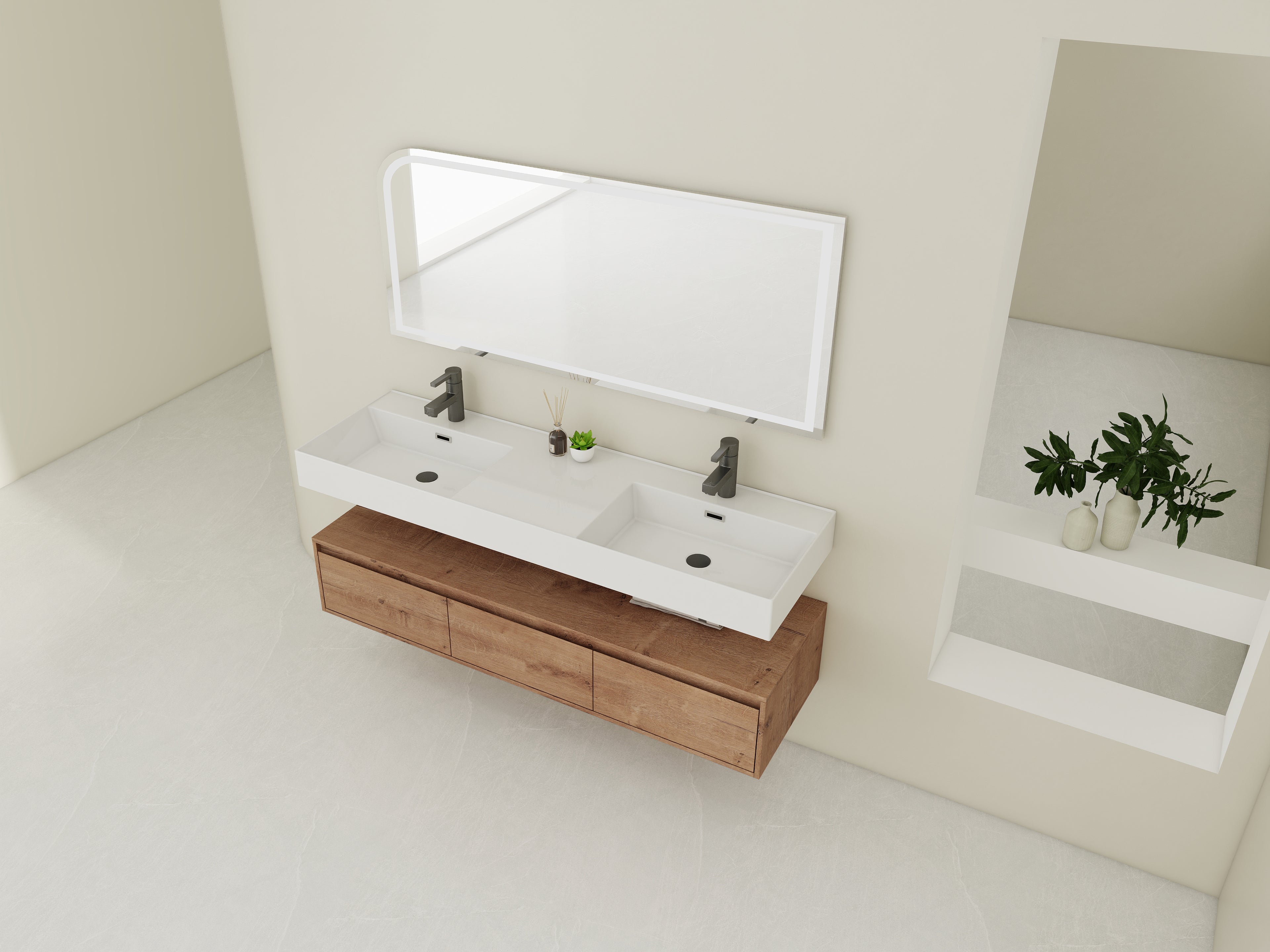 60 Inch Wall-Mounted Bathroom Vanity with Double Resin Sink