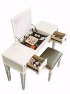 Mirrored Vanities Desk with Drawers, Mirror, and Stool Set