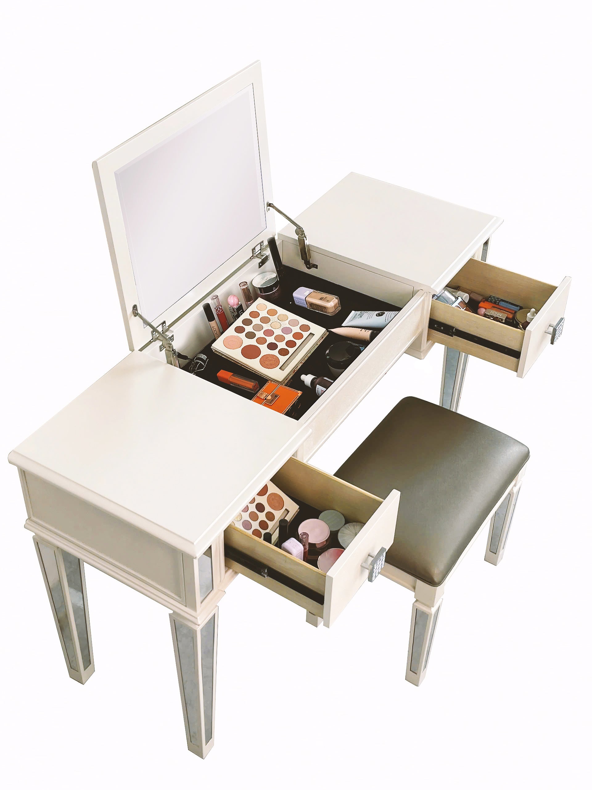 Mirrored Vanities Desk with Drawers, Mirror, and Stool Set