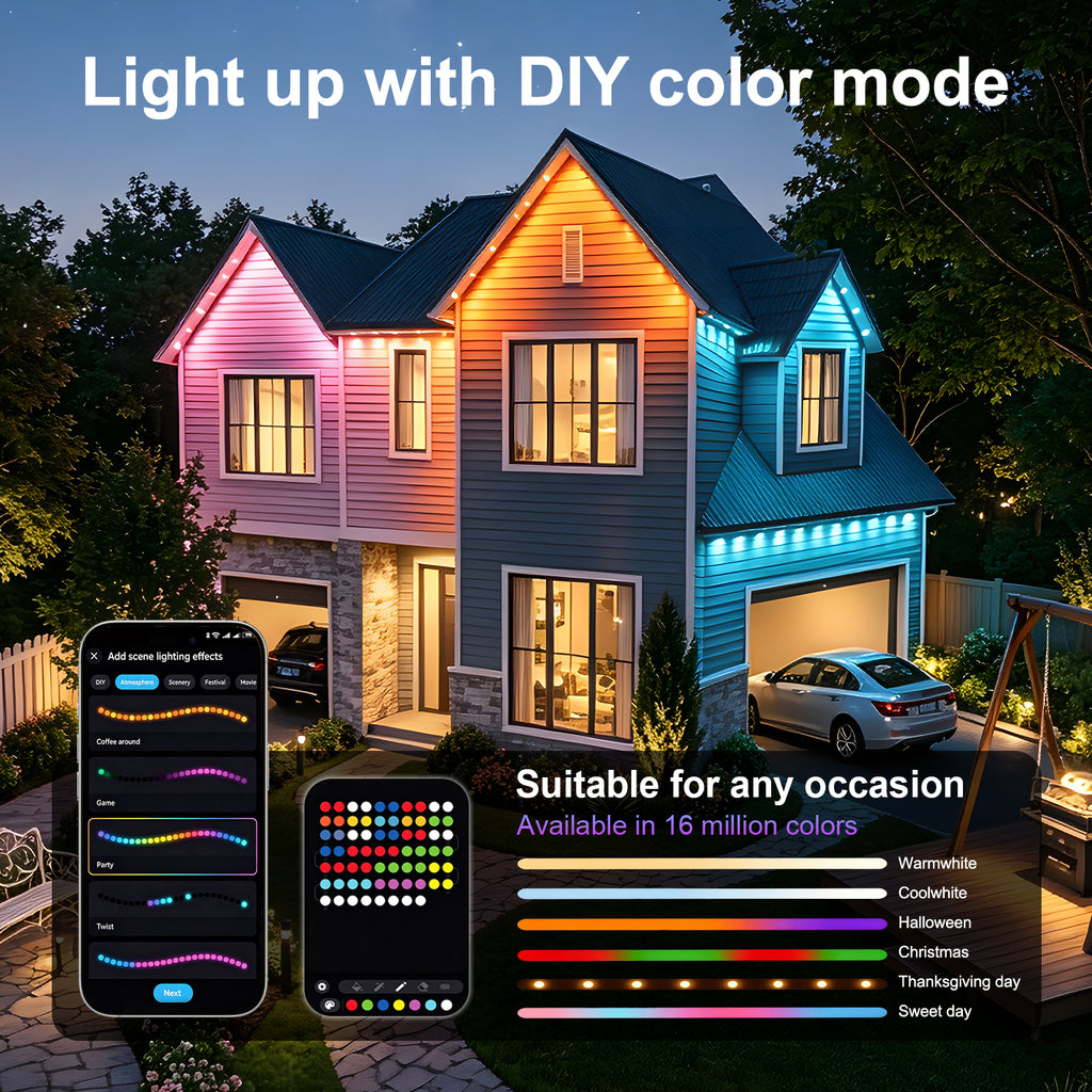 50ft Smart RGB Outdoor Lights with 30 LED Eaves Lights