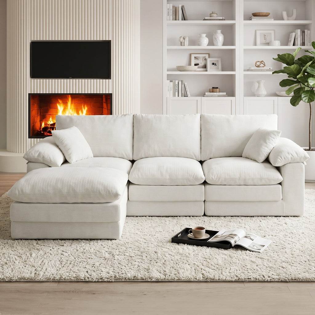 Modular L-Shaped Sectional Sofa with Movable Ottoman, Beige Chenille