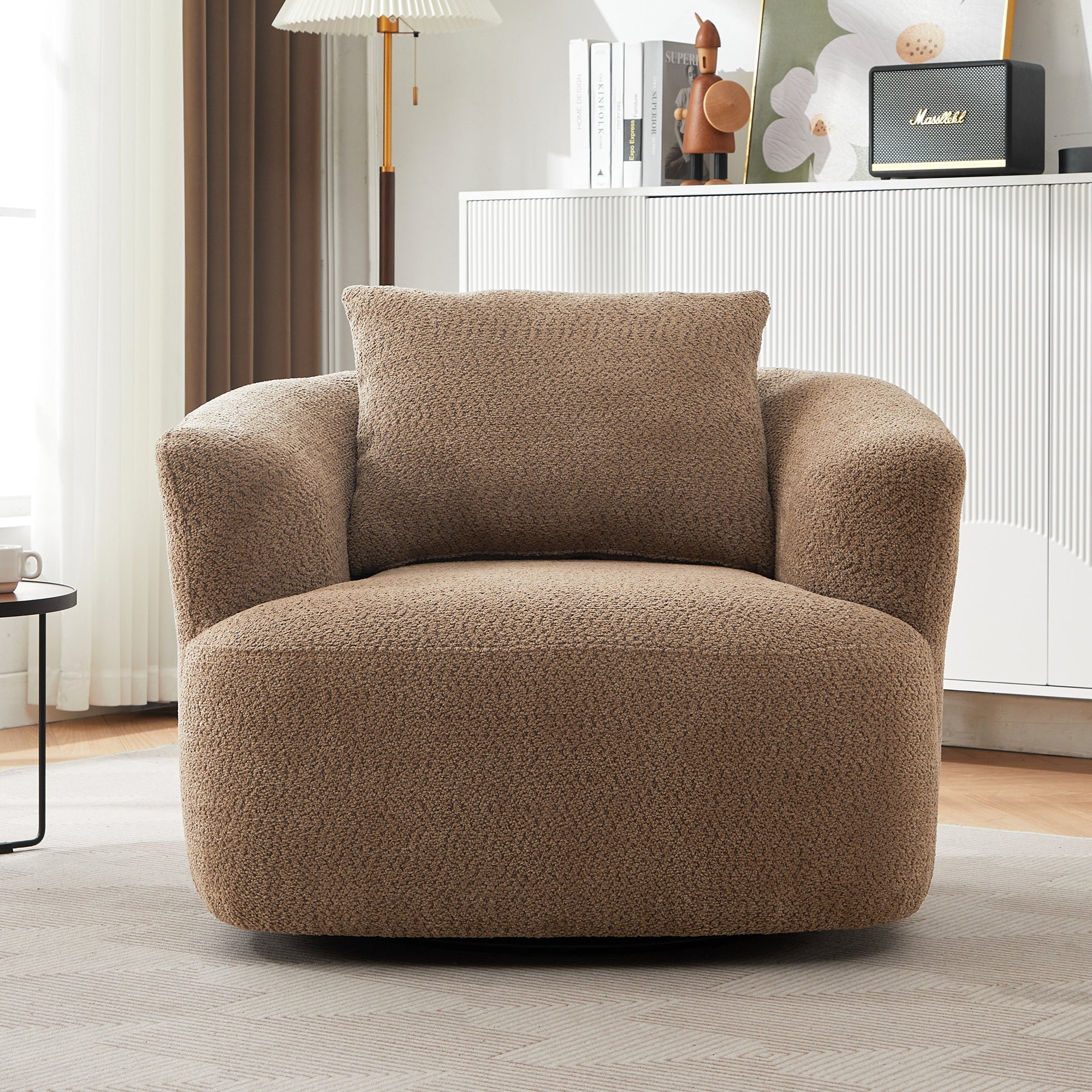 Chenille Upholstered 360° Swivel Chair with Throw Pillow, Dark Brown