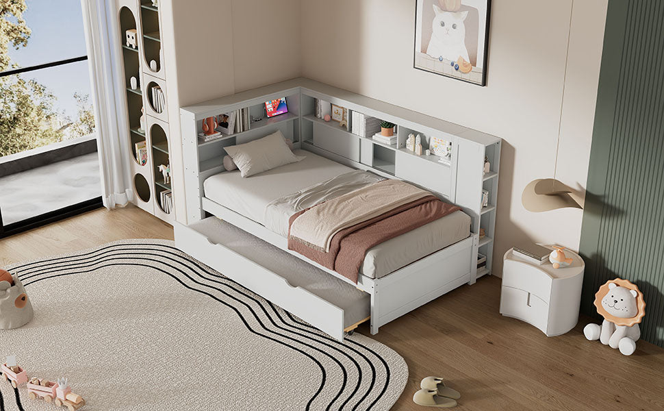 Twin Size Wood Daybed with Storage Shelves, USB and Trundle