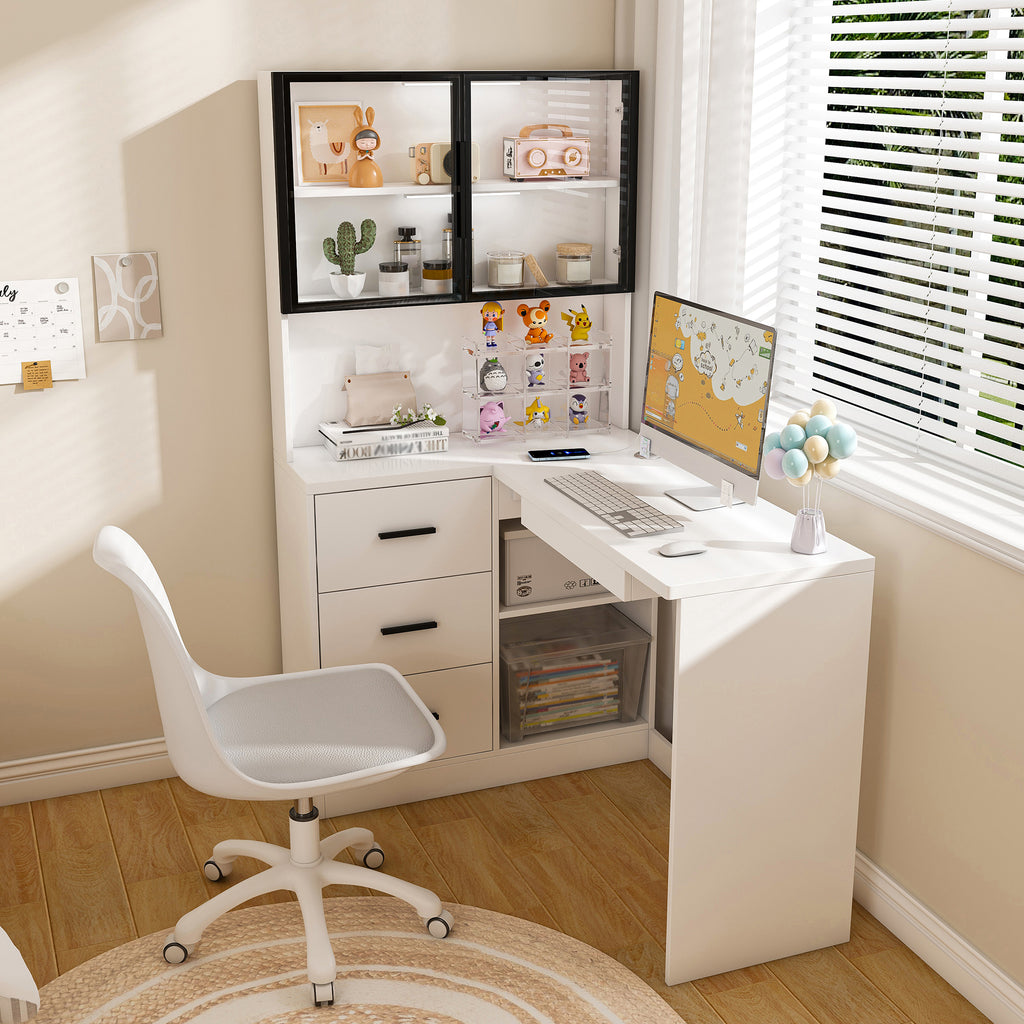 Computer Desk with Glass Cabinets & Built-In LED Lights