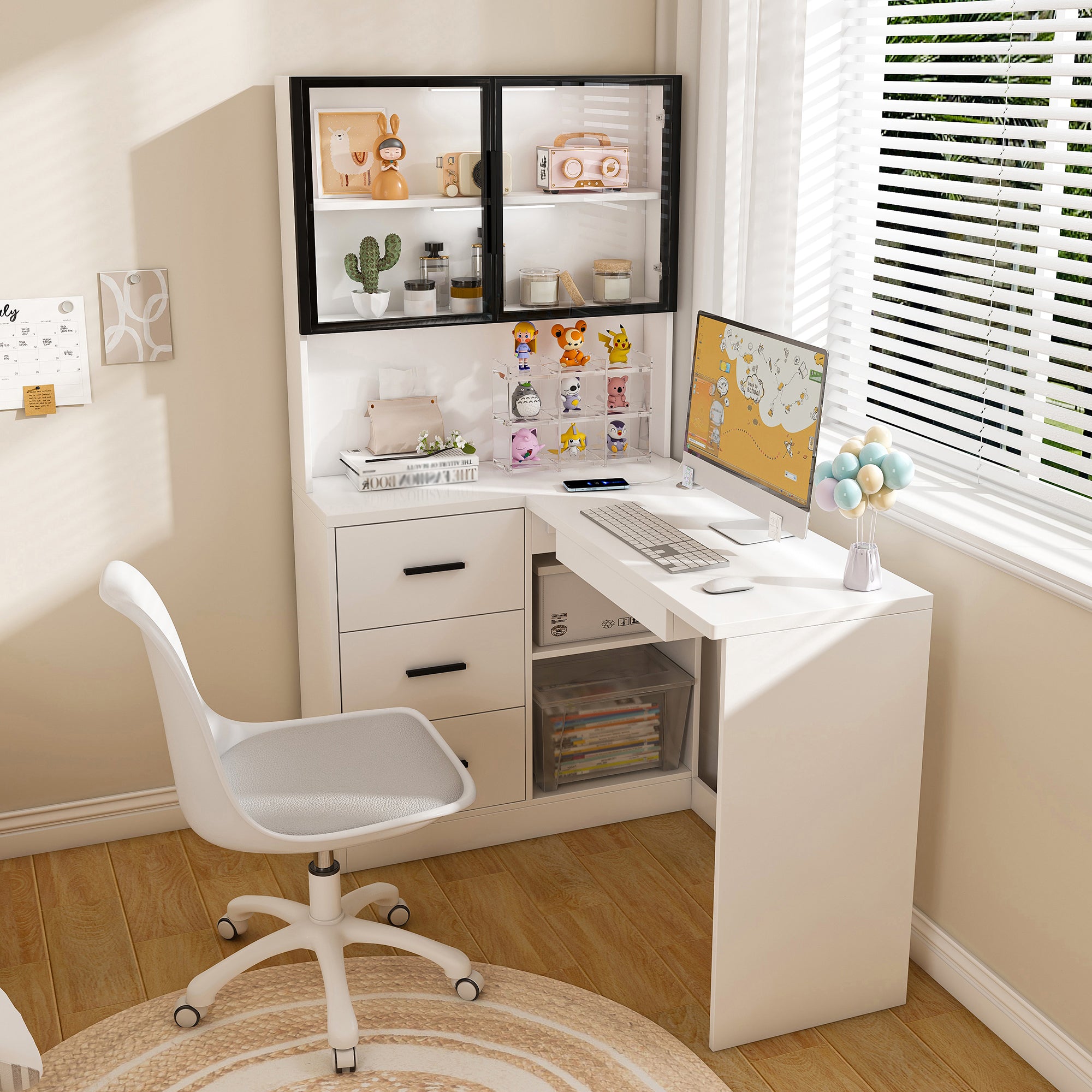 Computer Desk with Glass Cabinets & Built-In LED Lights