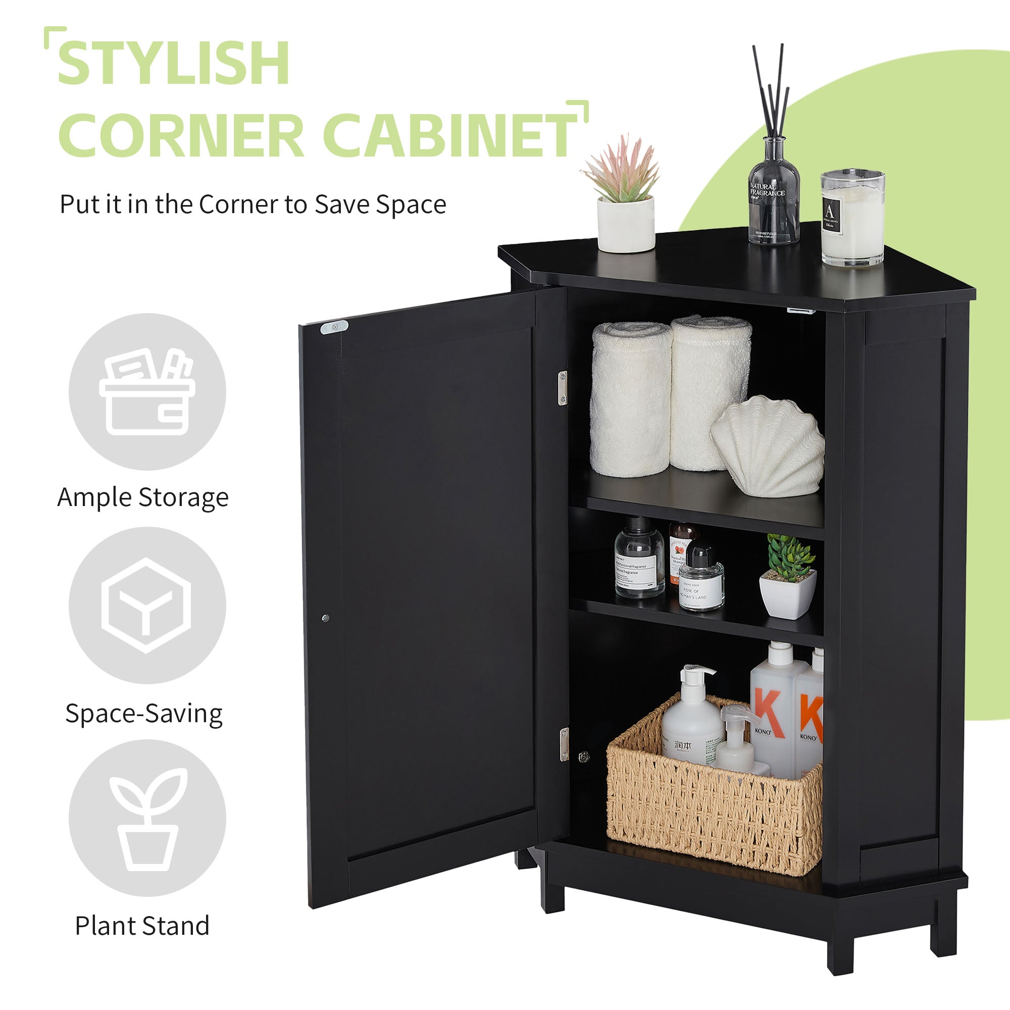 Black Triangle Corner Bathroom Cabinet with Adjustable Shelf