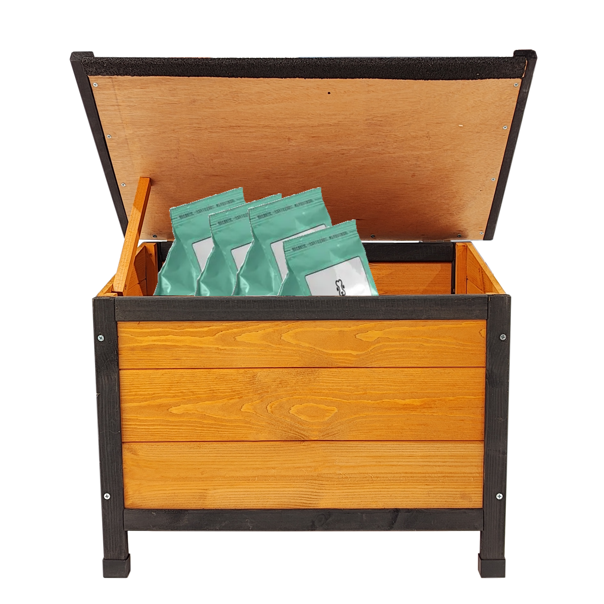 Wearable and Strong Wooden Dog House with Metal Bowls and Toy Box