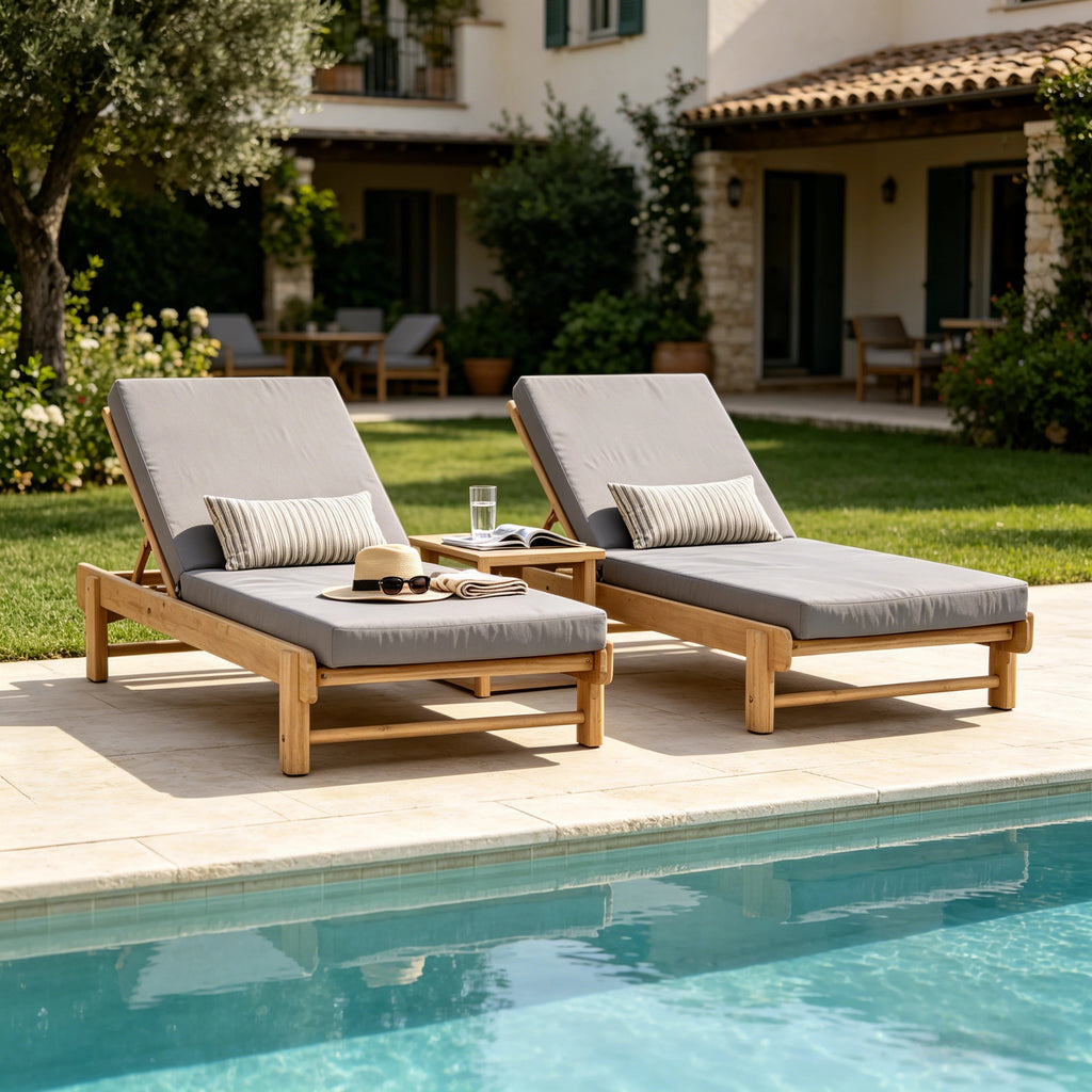 Light Teak Acacia Wood Chaise Lounge Set: 1 Frame + 1 Dark
