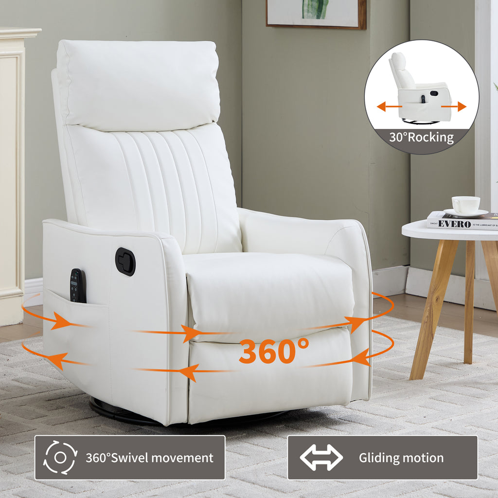 White Heat Massage Manual Recliner Chair with Rocker and Swivel