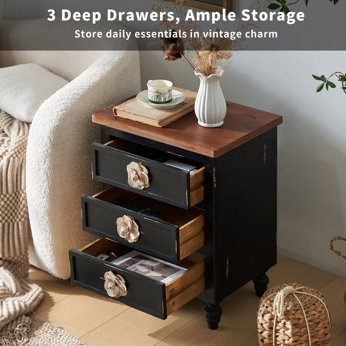 Vintage Farmhouse Nightstand with Floral Knobs, 19-Inch, 3 Drawers, Antique Black