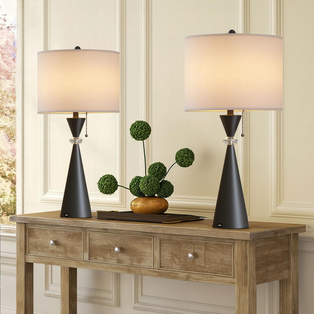28-Inch Modern Table Lamps Set of 2, Black Metal Hourglass Base with USB Charging