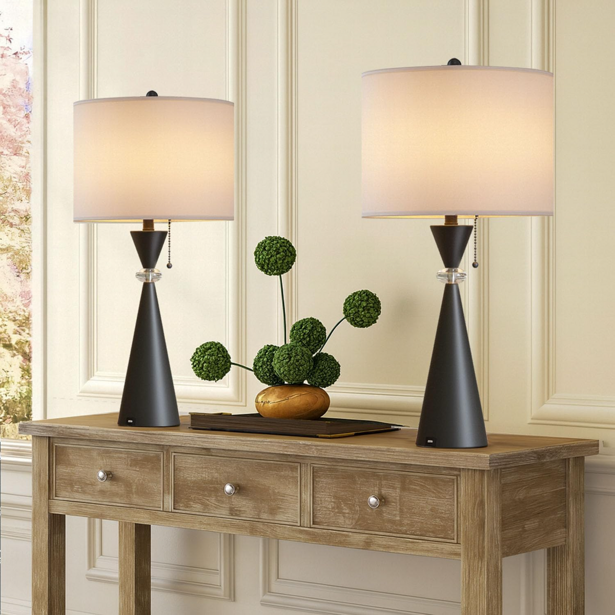 28-Inch Modern Table Lamps Set of 2, Black Metal Hourglass Base with USB Charging