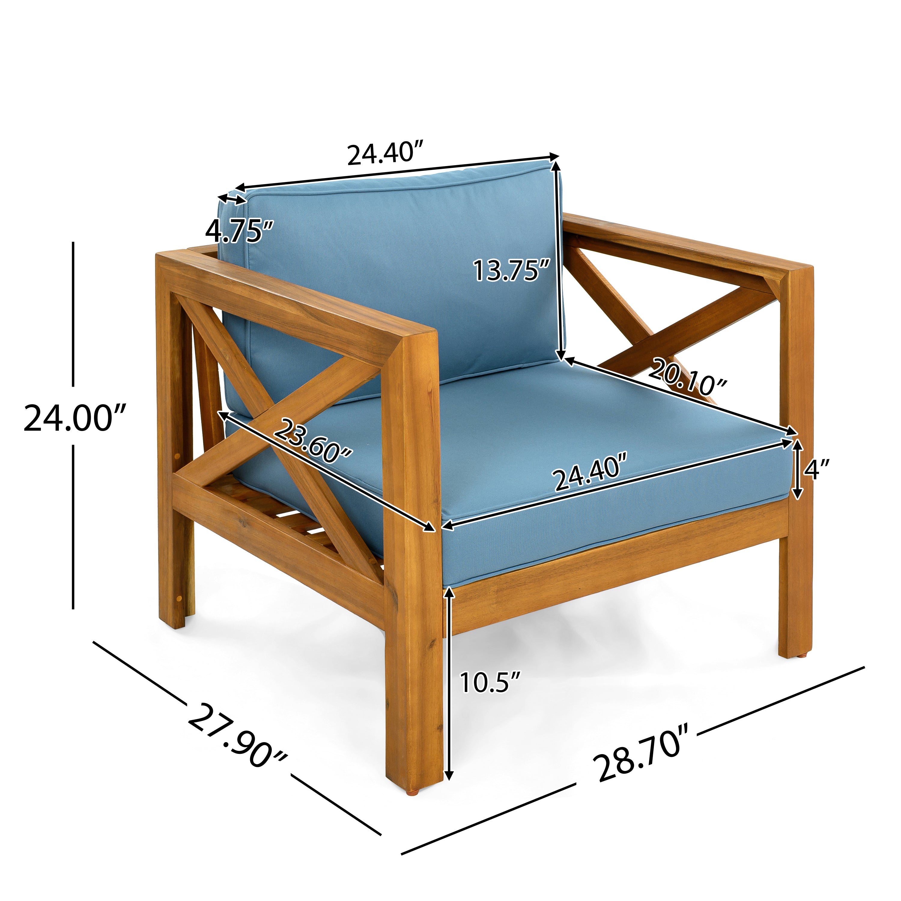 Outdoor Acacia Wood Club Wooden Armchair with Cushions (Set of 2)