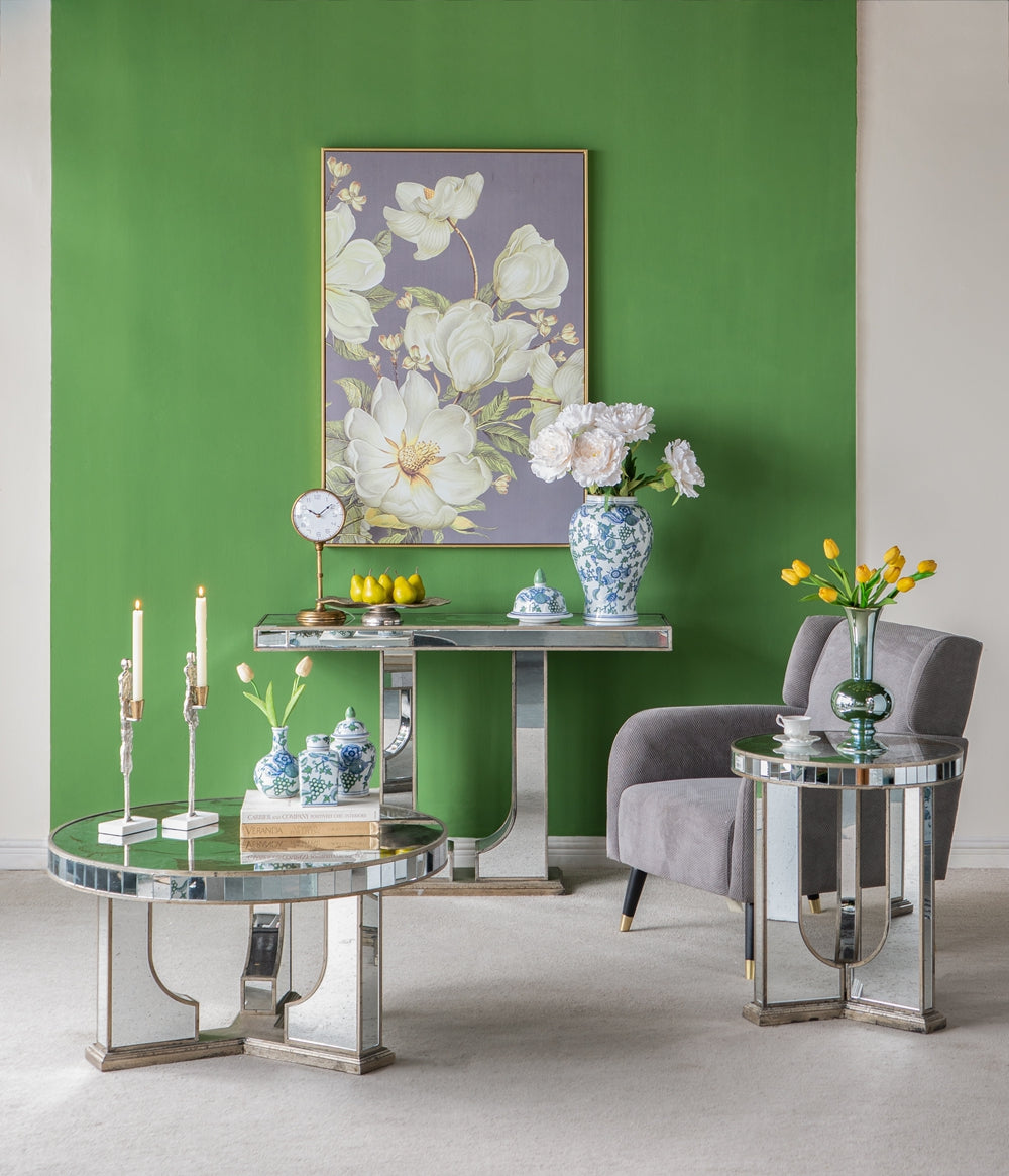 Large Mirrored Dining Table with Elegant Floral Design