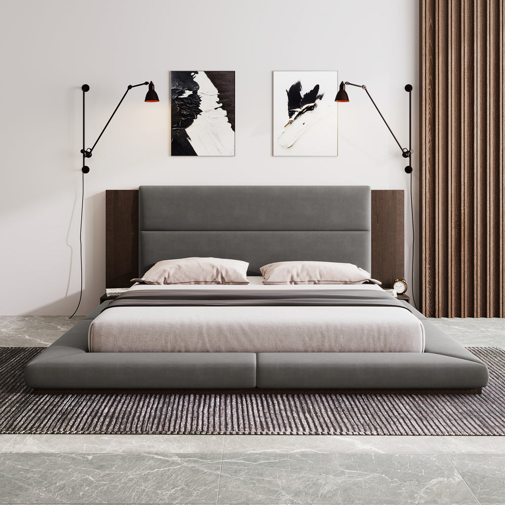 Floor Upholstered Platform Bed with Extended Wood Headboard