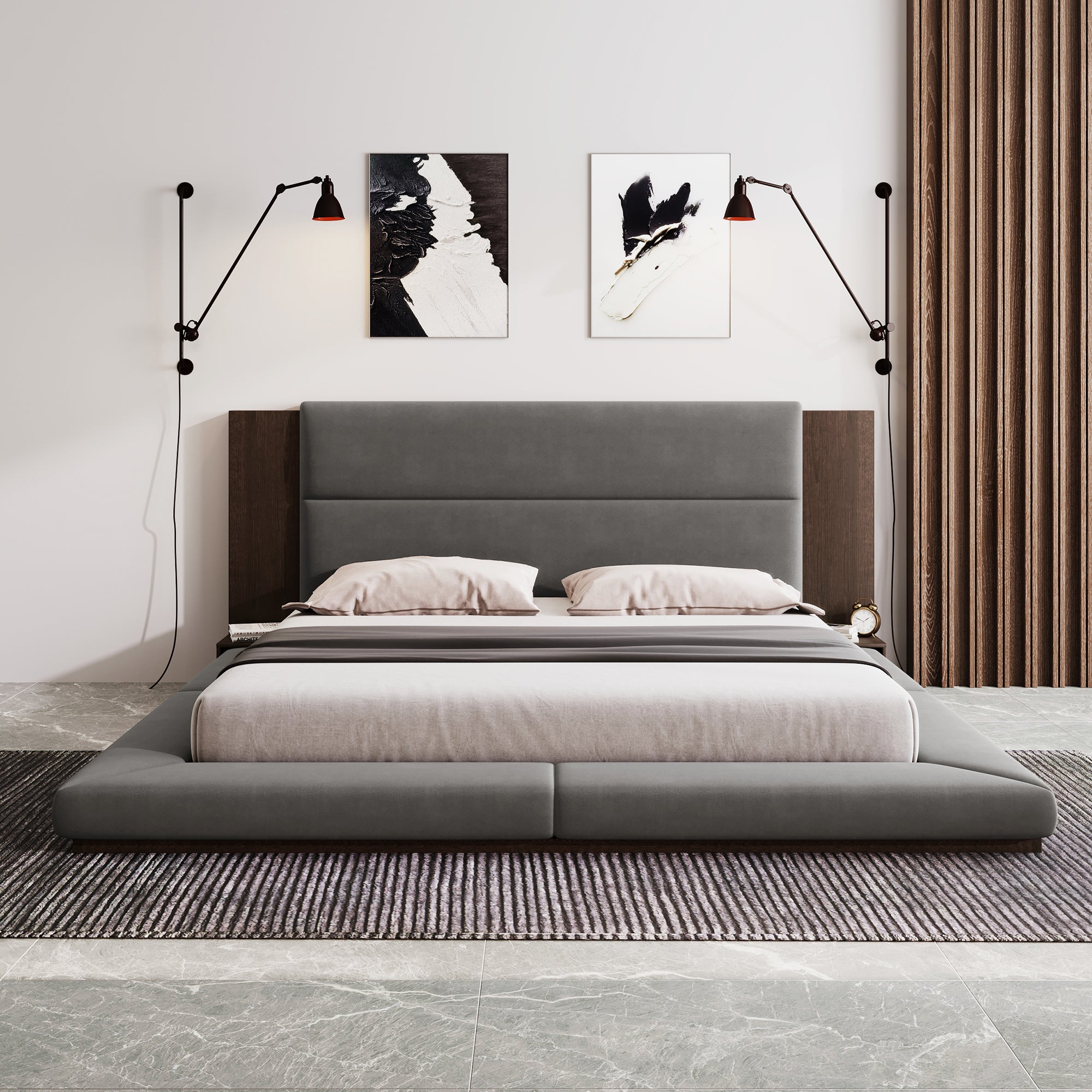Floor Upholstered Platform Bed with Extended Wood Headboard